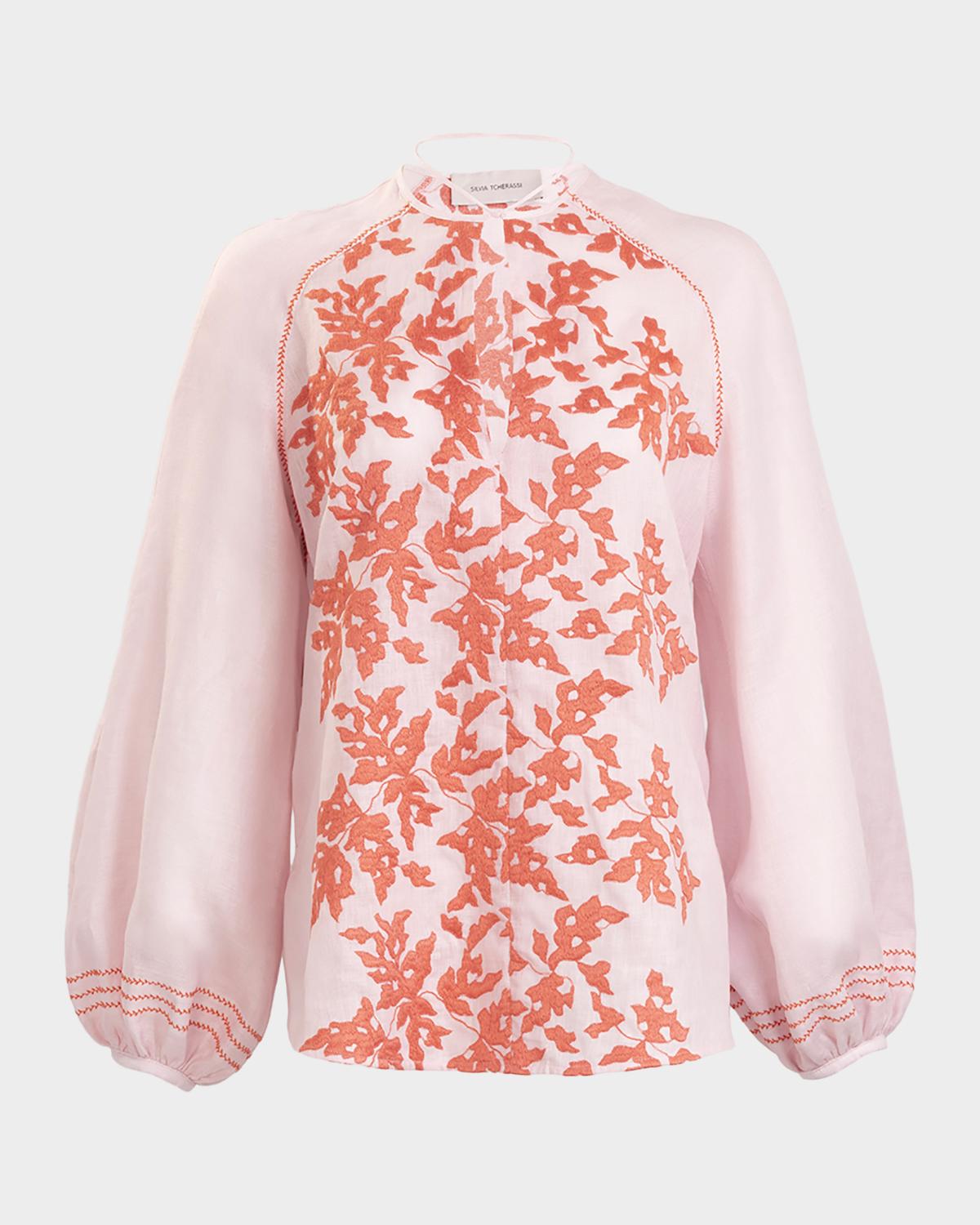 Silvia Tcherassi Molveno Embroidered Linen Balloon-Sleeve Blouse