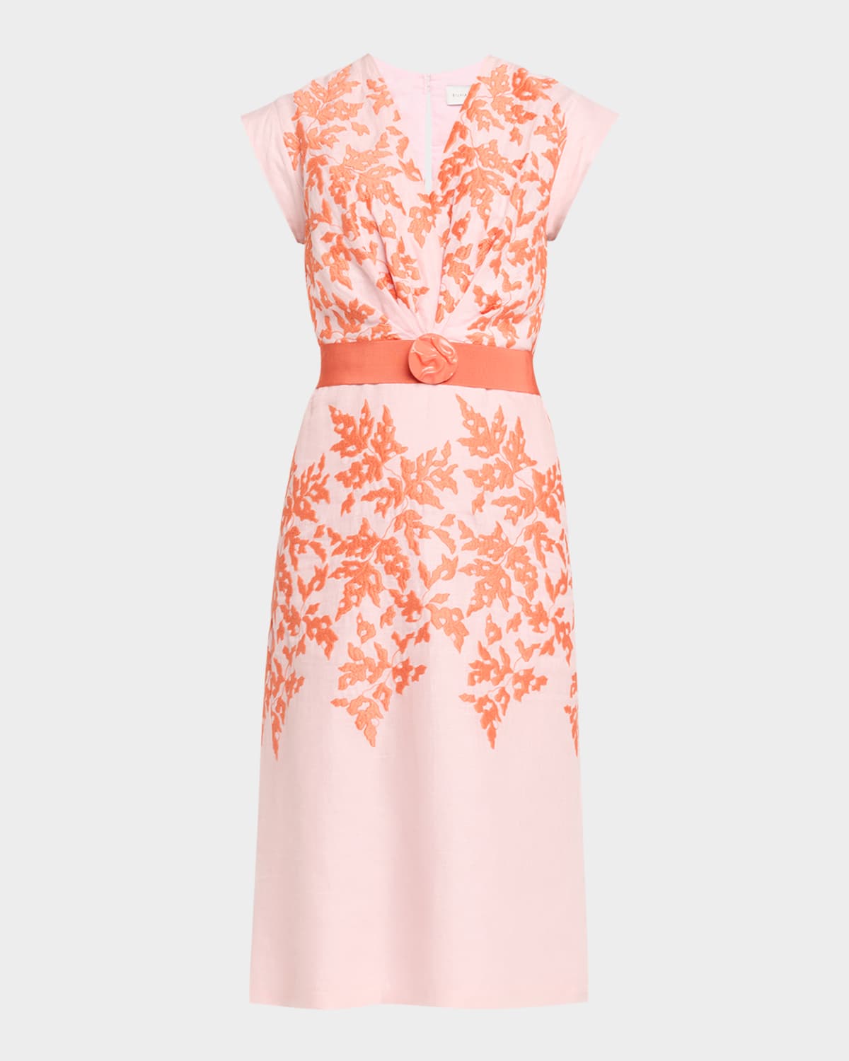 Silvia Tcherassi Olive Embroidered Linen Midi Dress With Belt In Multi