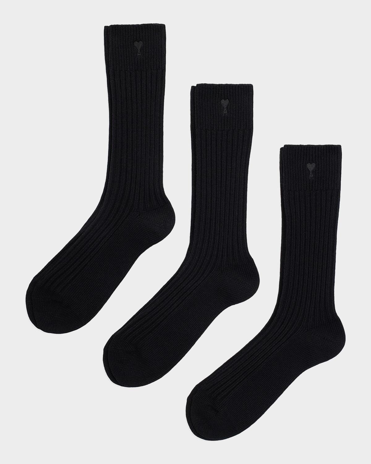 Ami Paris Men's Quota Embroidered Three-Pack Ribbed Crew Socks