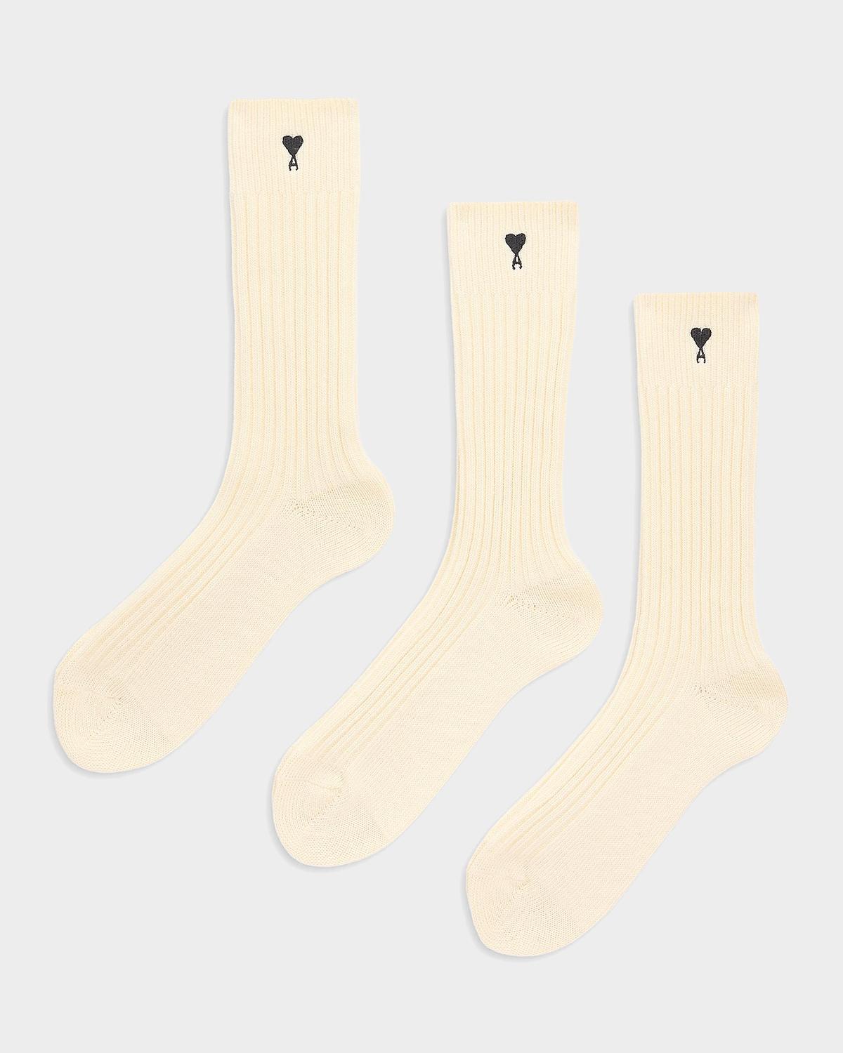Ami Paris Men's Quota Embroidered Three-Pack Ribbed Crew Socks
