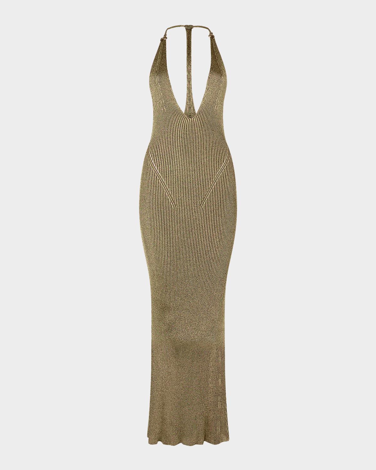 Roberto Cavalli Plunging Metallic Rib Knit Maxi Dress