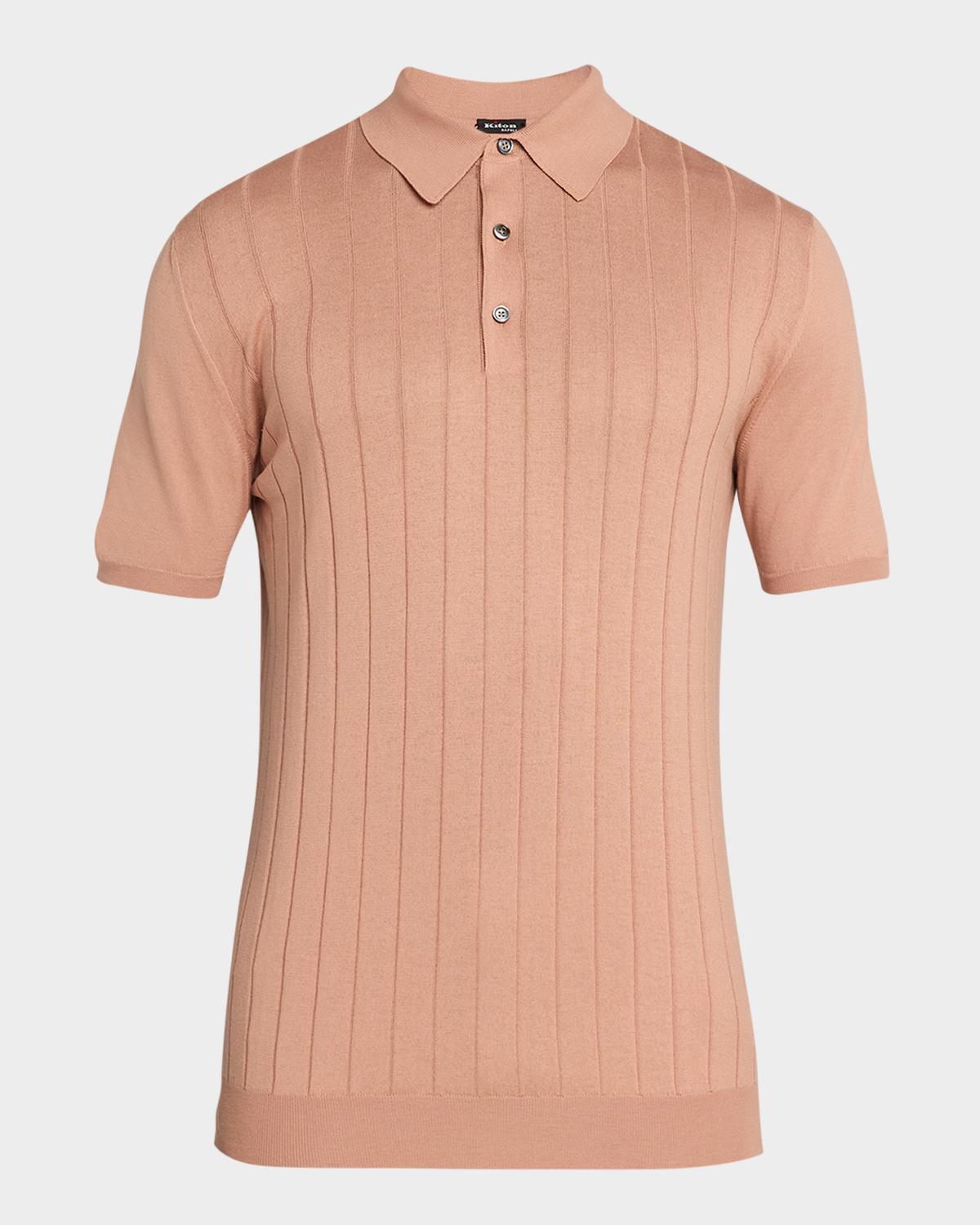 Kiton Men's Wide Rib Sea Island Cotton Polo Sweater