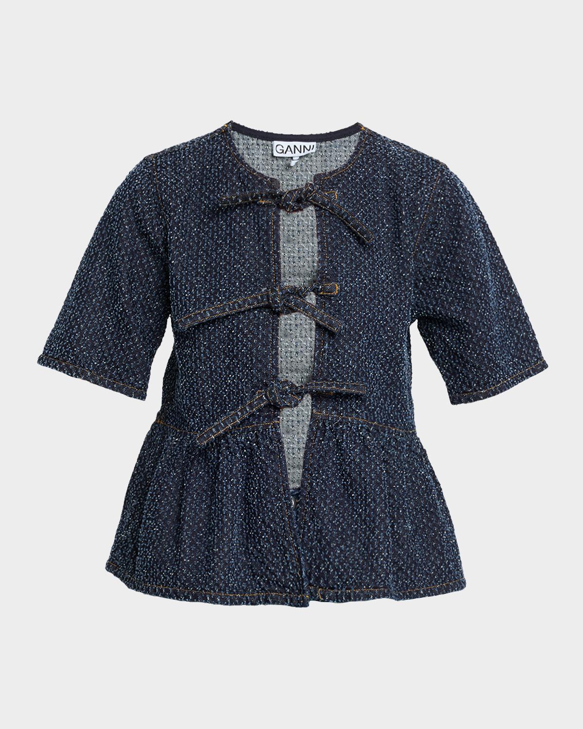 Ganni Tie-Front Tweed Denim Peplum Top