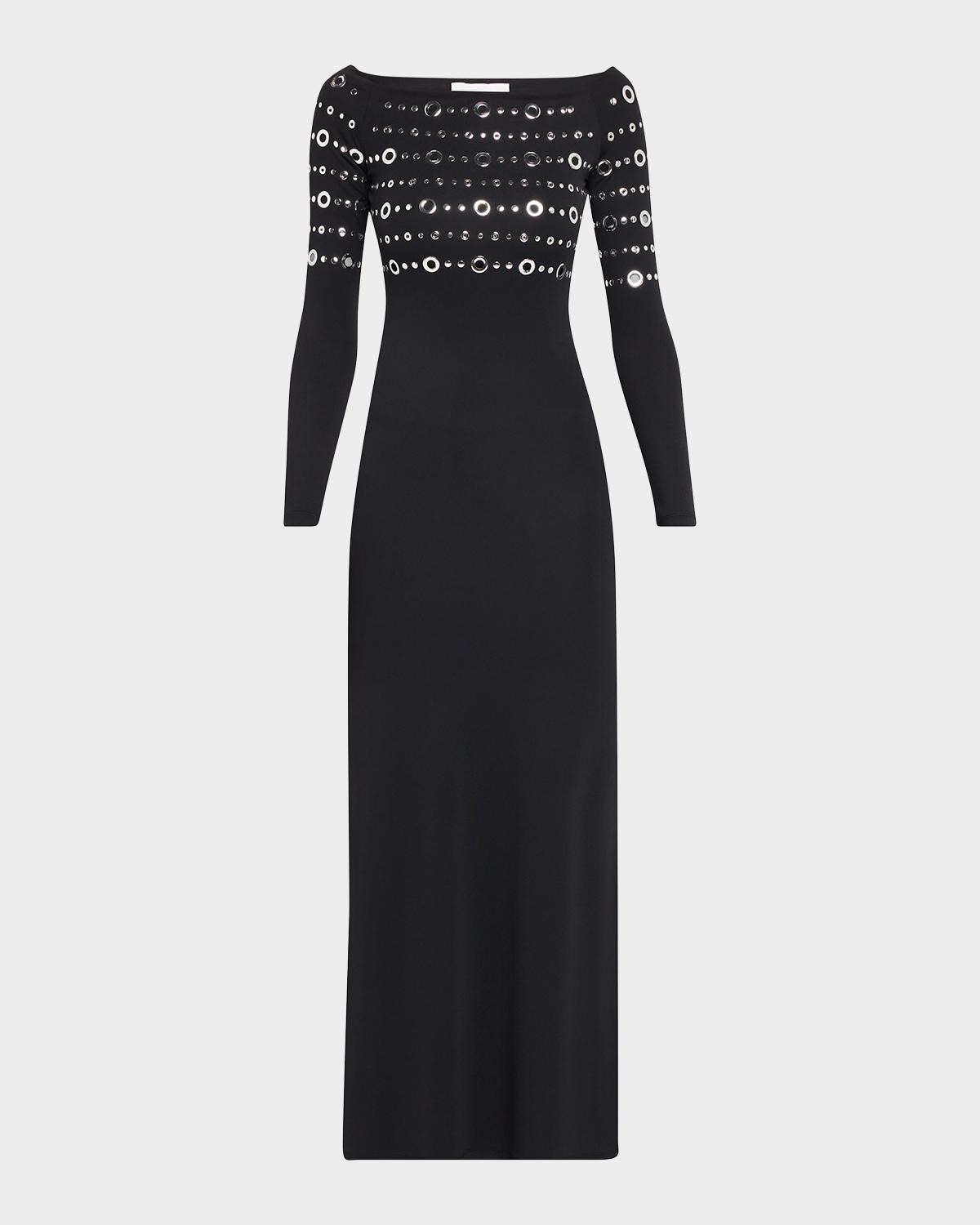 Rabanne Grommet Off-The-Shoulder Long-Sleeve Maxi Dress