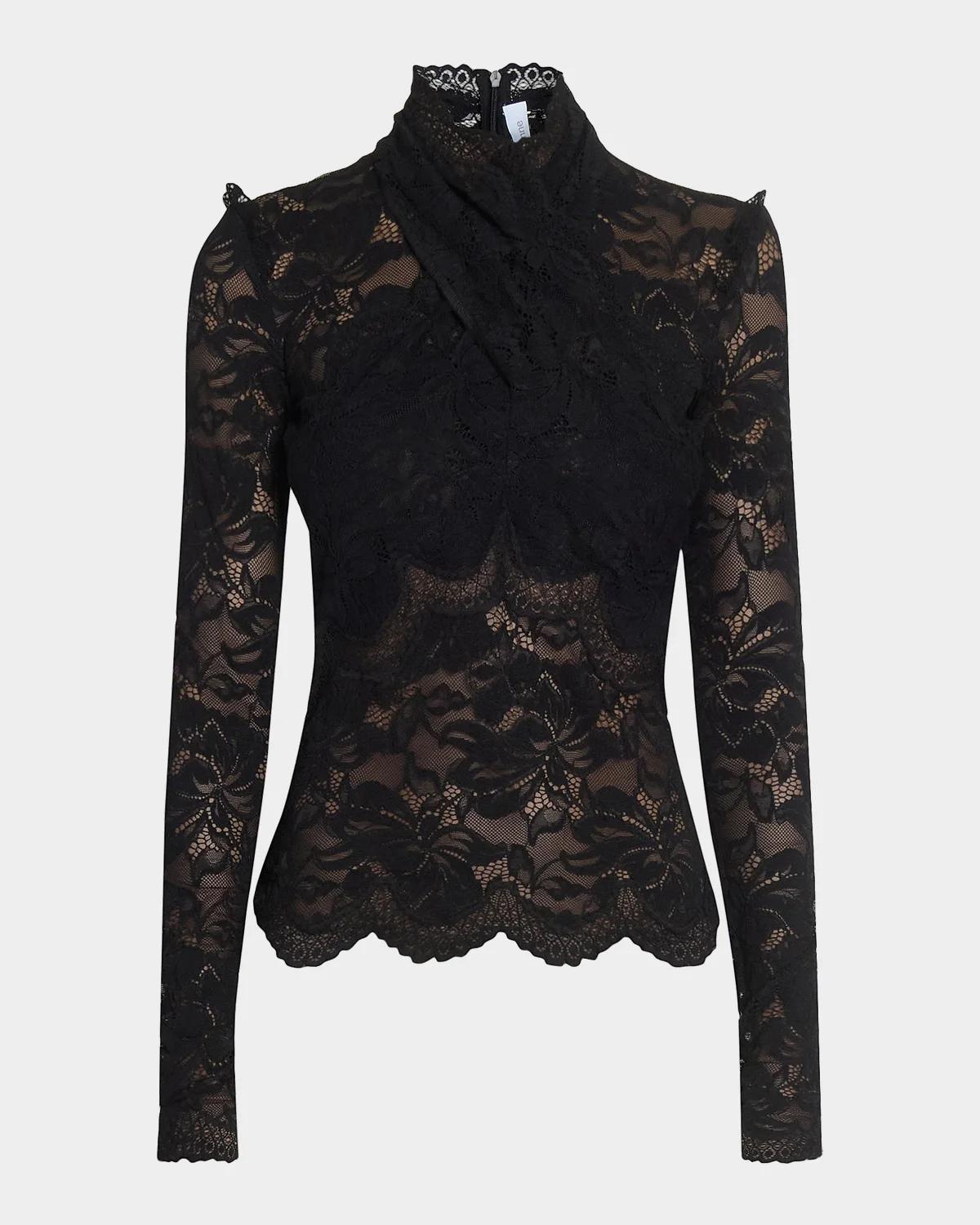 Rabanne Crisscross Mock-Neck Lace Long-Sleeve Top