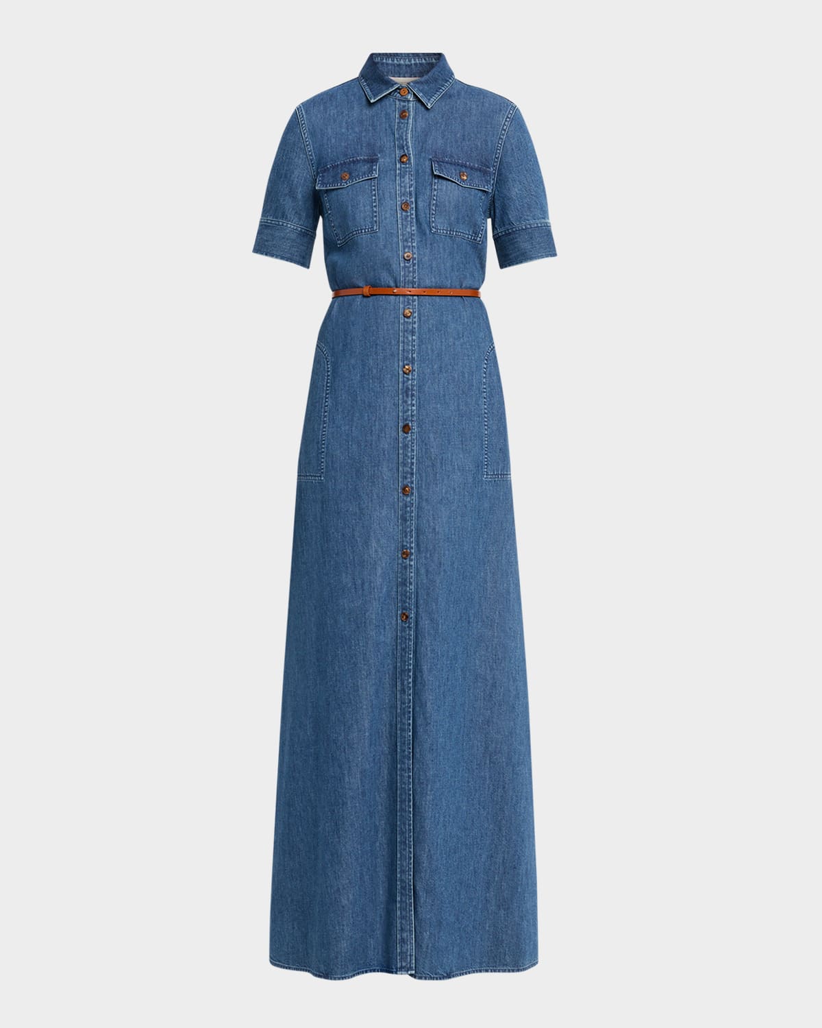 Lafayette 148 Chambray Cotton Short Sleeve Maxi Shirtdress In Blue