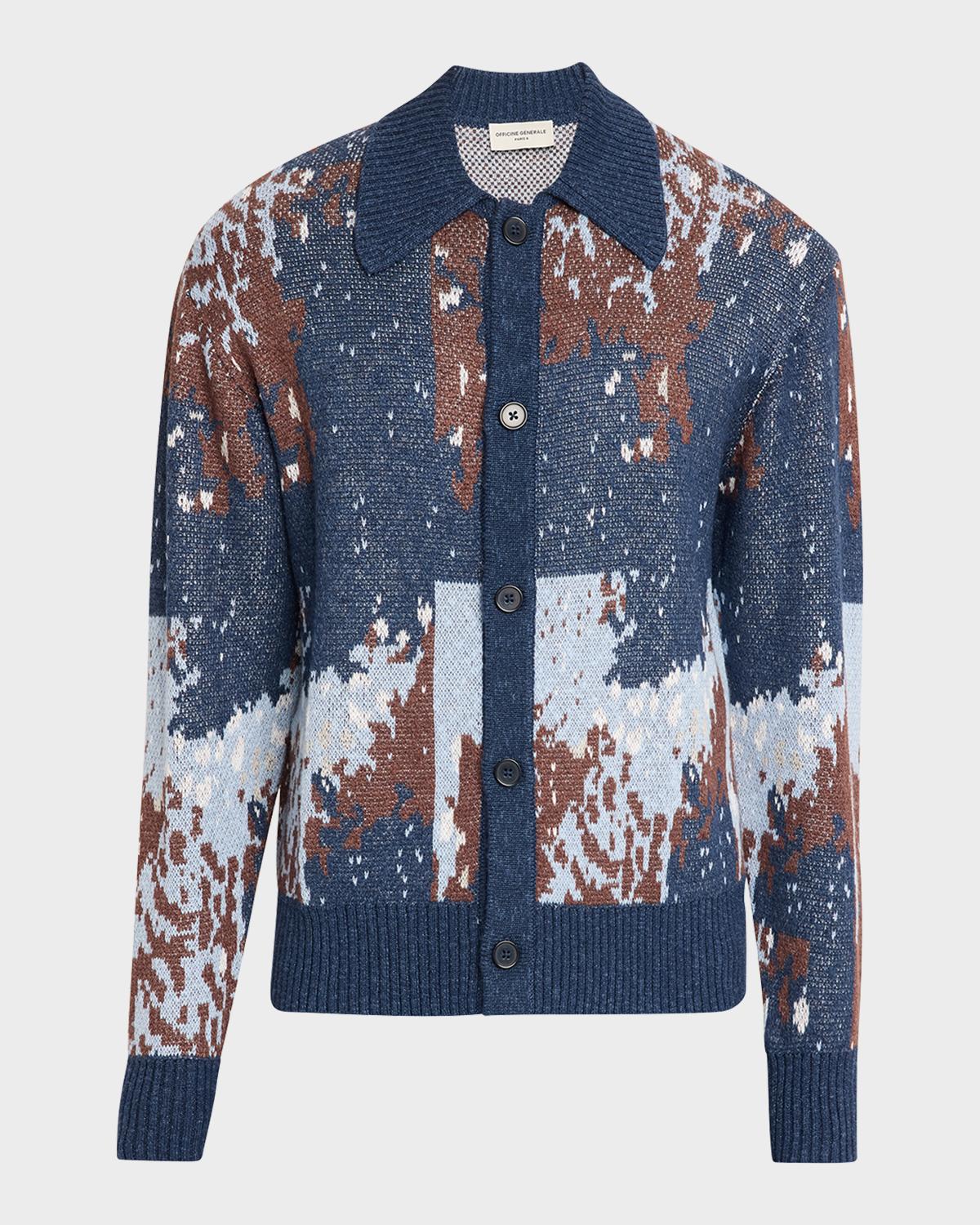 Officine Générale Men's Multicolor Linen Blend Abstract Cardigan