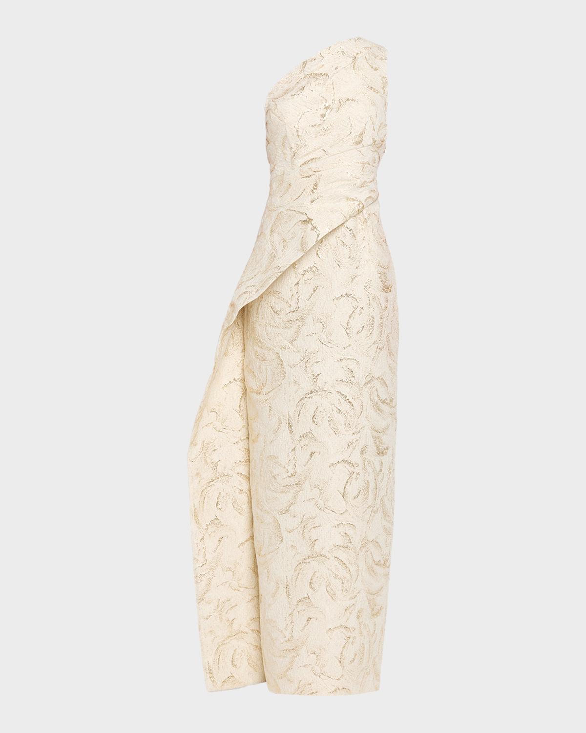 Rickie Freeman For Teri Jon One-shoulder Metallic Jacquard Column Gown In Champagne Multi