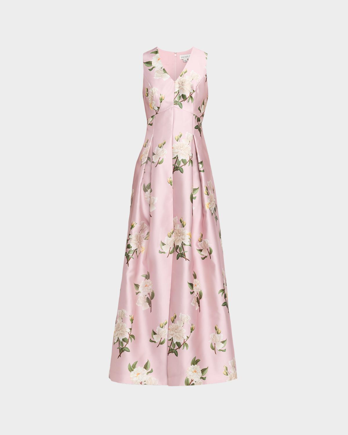 SACHIN BABI Brooklynne Pleated Floral-Print Mikado Gown