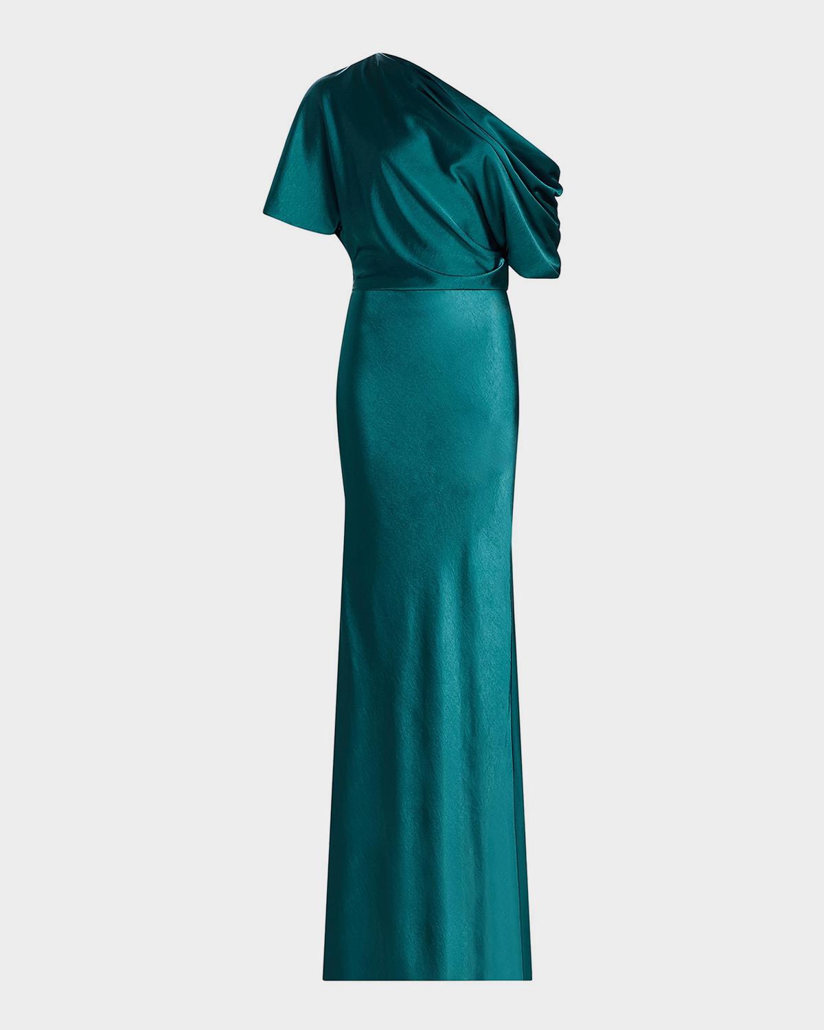 Amsale Draped Metallic Satin Faille One-Shoulder Gown