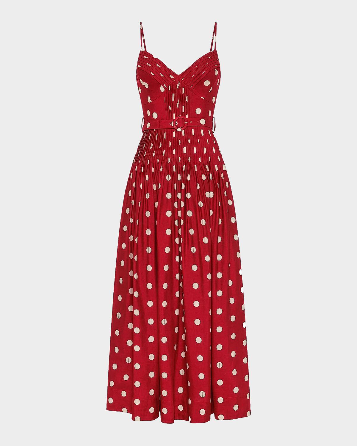 NICHOLAS Mireille Belted Polka-Dot Linen-Blend Midi Dress