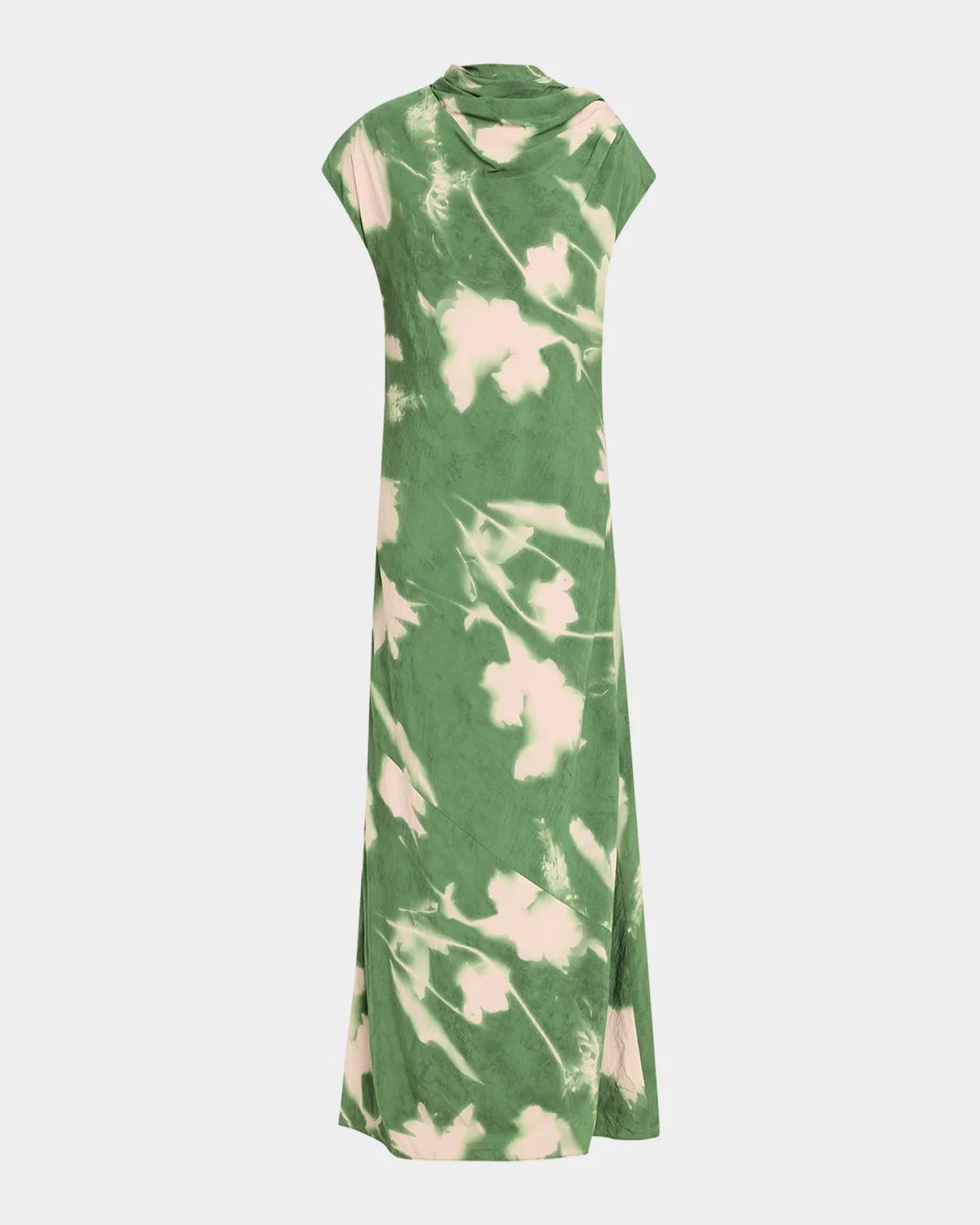 Abstract Floral Crepe A-Line Cap-Sleeve Gown