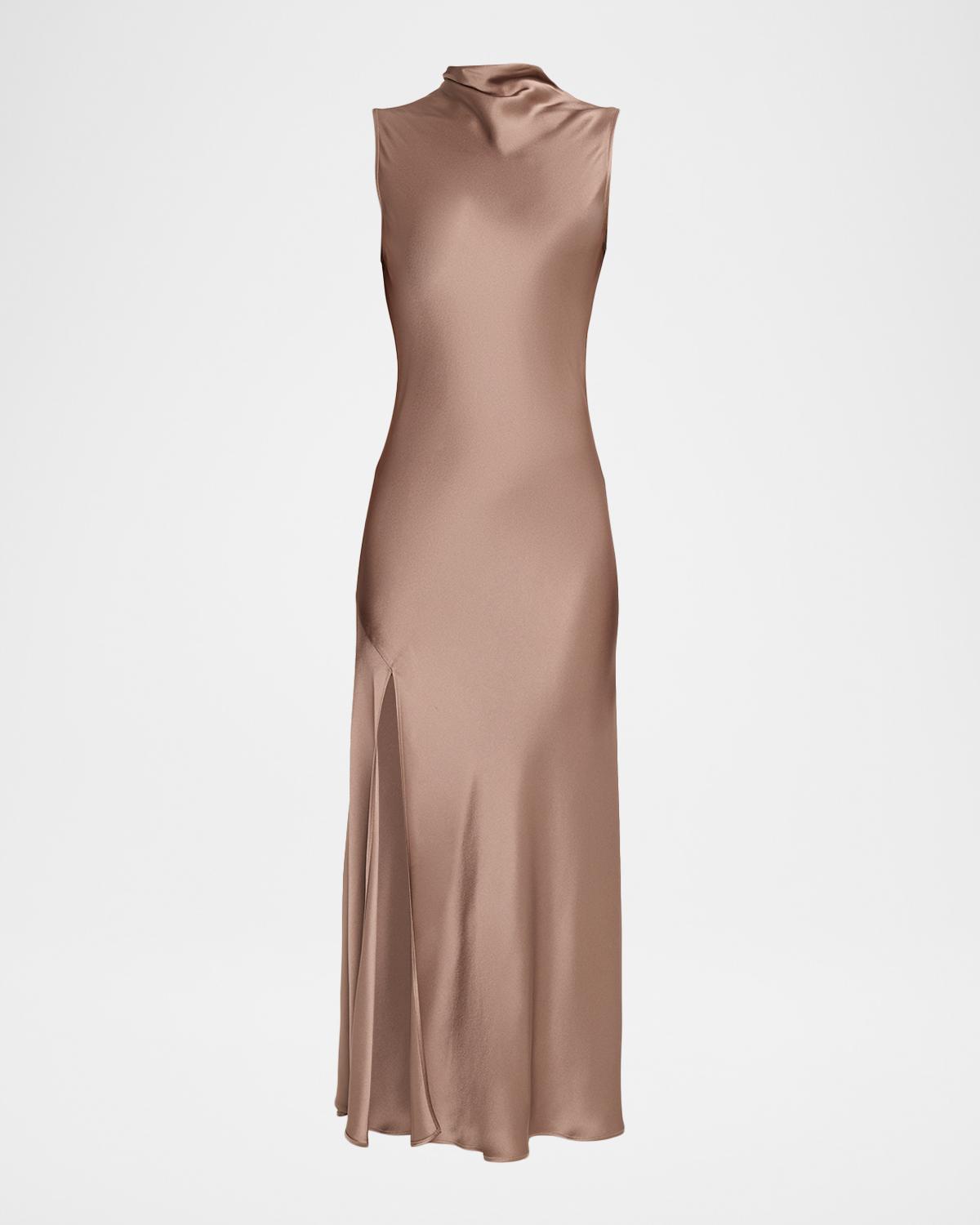 LAPOINTE Sleeveless Draped-Neck Satin Slit Midi Dress