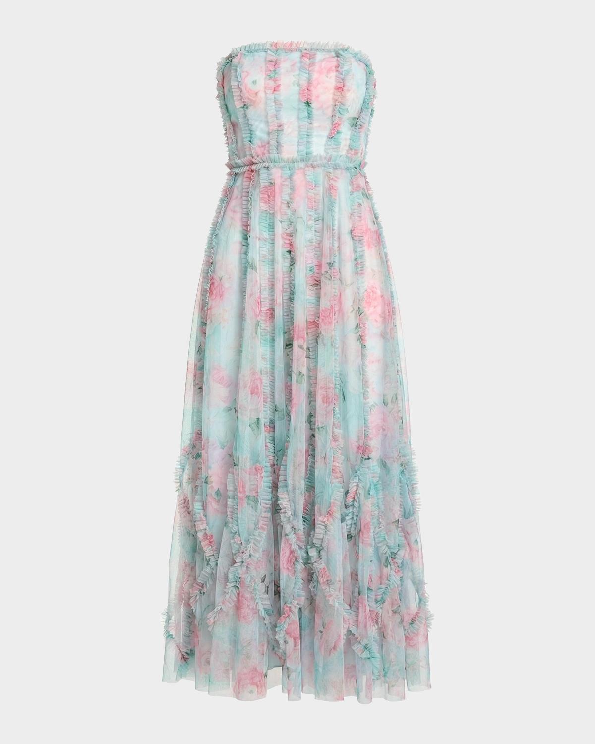 Mac Duggal Strapless Ruffle-Trim Floral Mesh Midi Dress