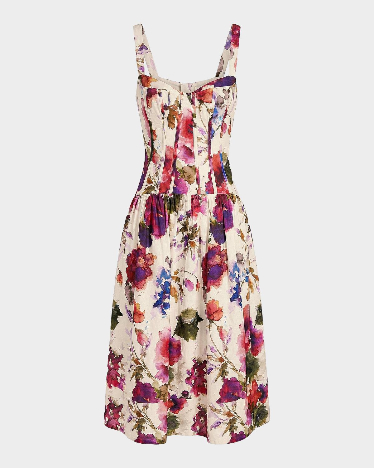 NICHOLAS Makenna Floral Linen-Blend Midi Dress