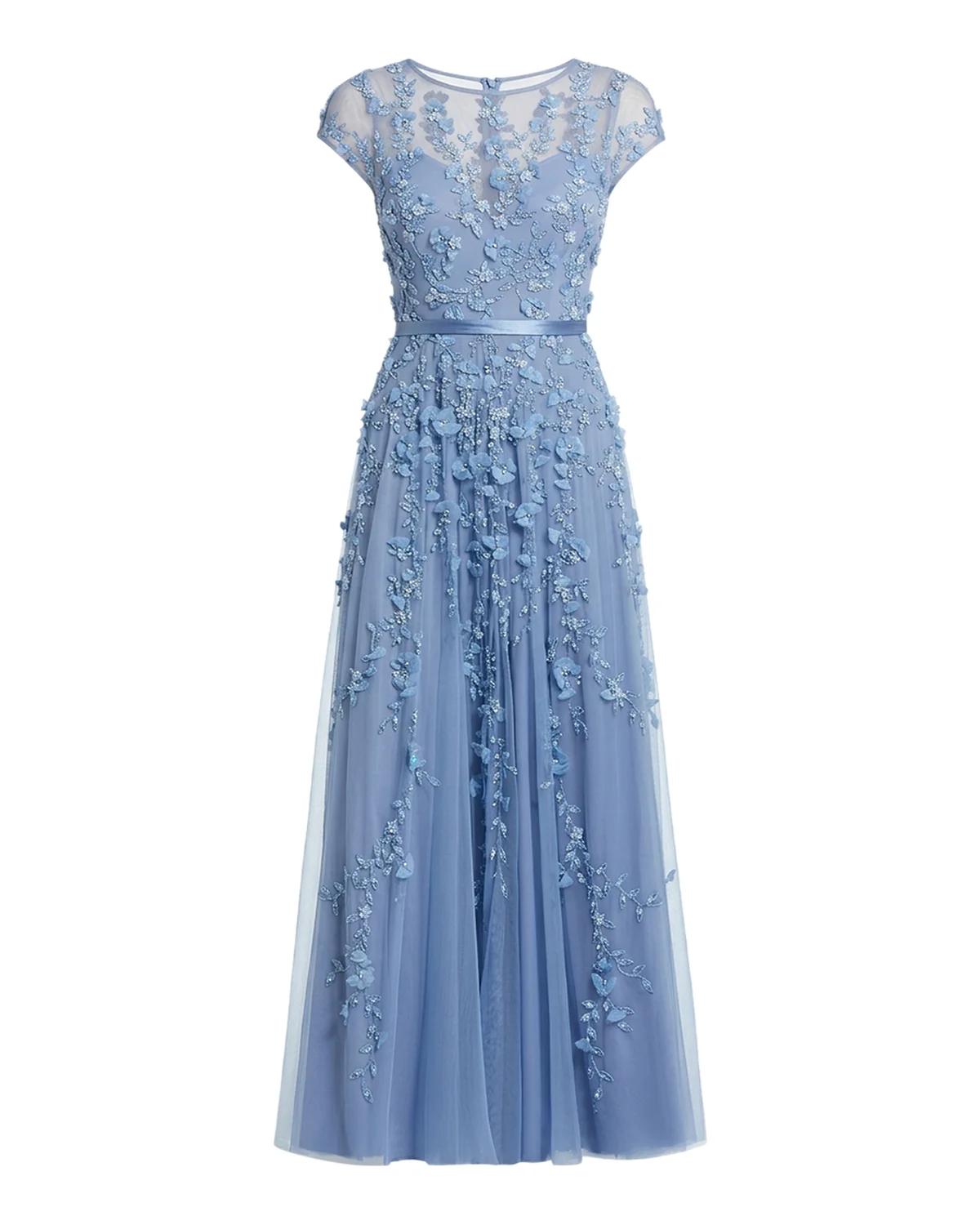 Mac Duggal Petite Floral Applique Cap-Sleeve A-Line Gown