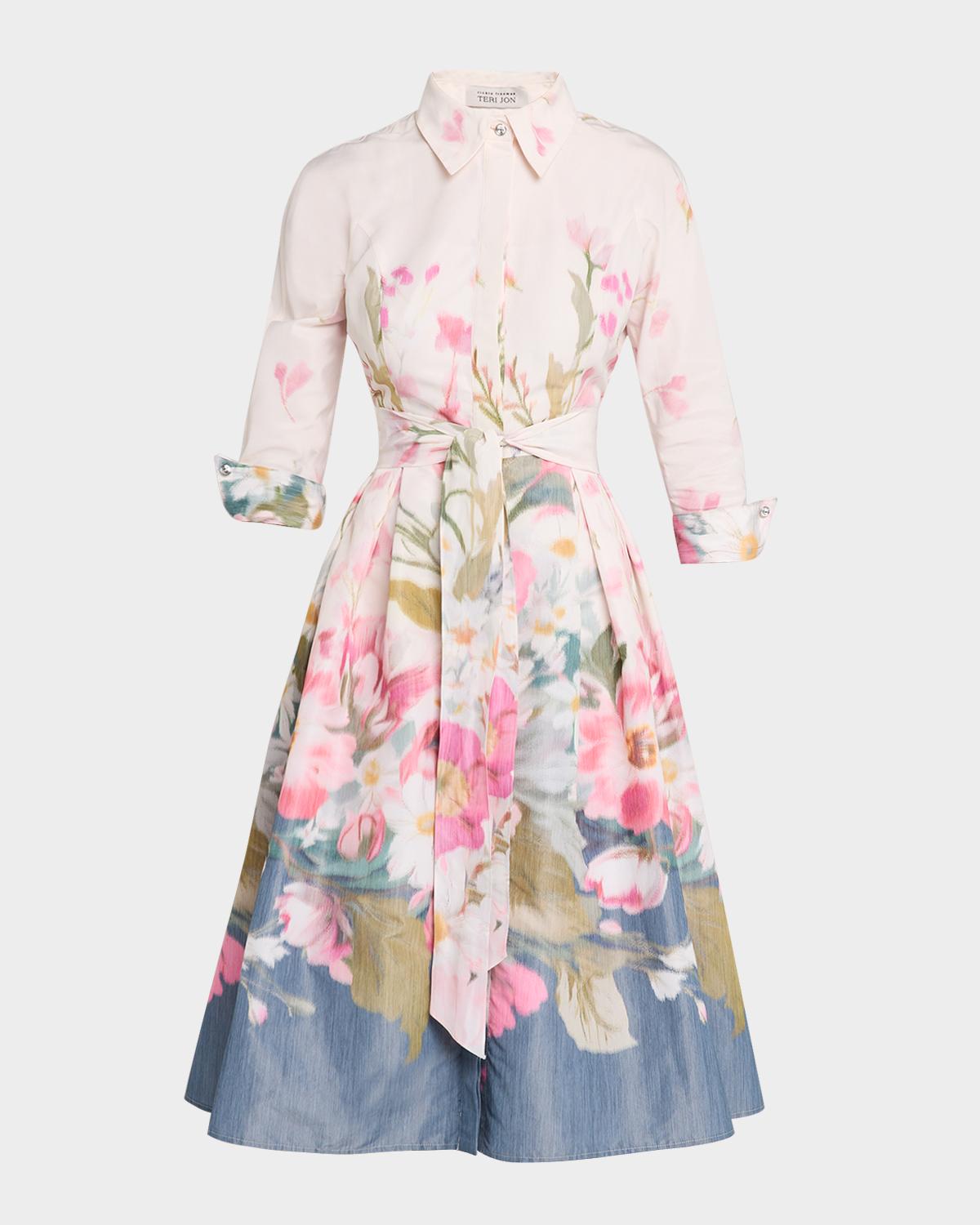 Rickie Freeman for Teri Jon Floral-Print Taffeta Midi Shirtdress