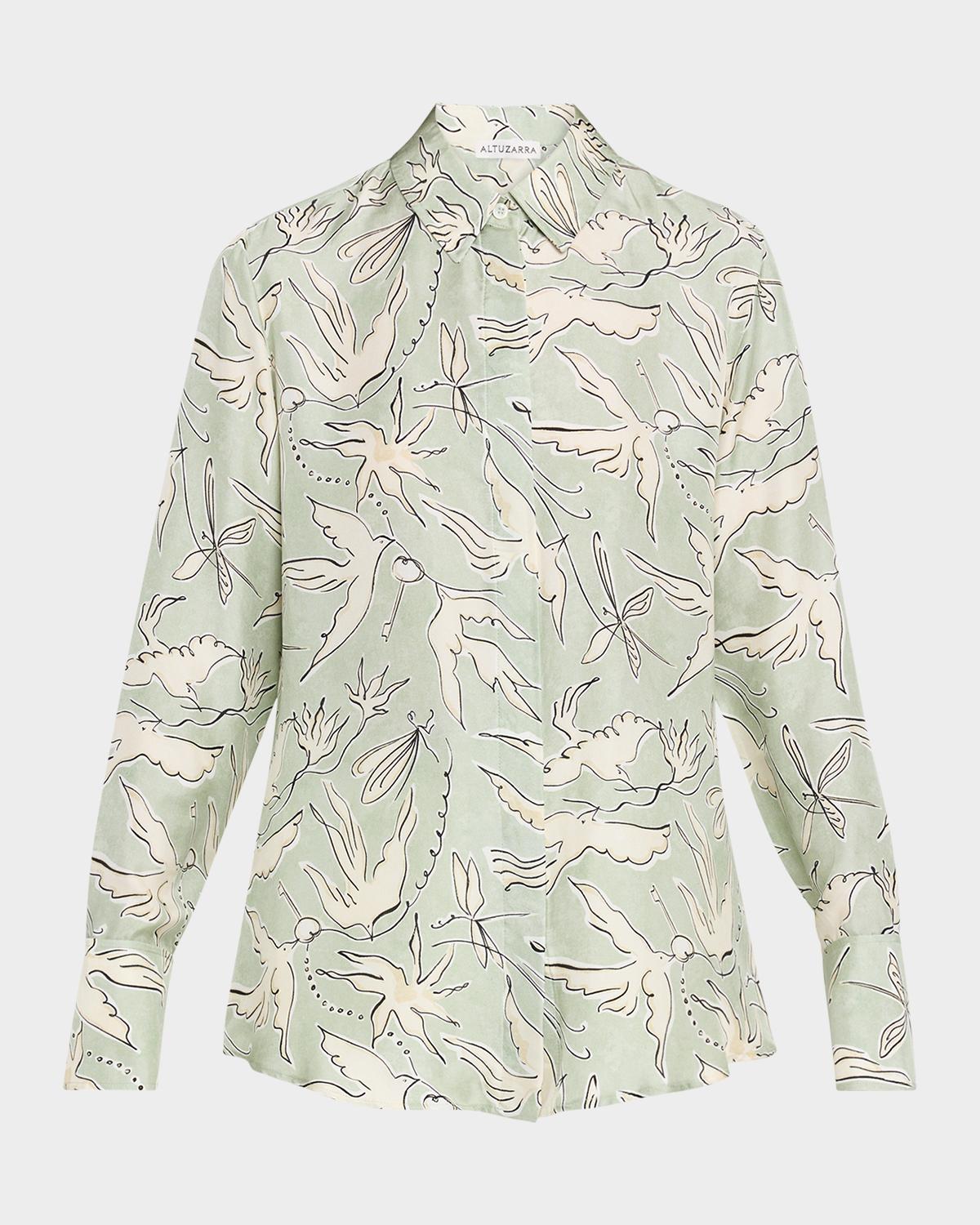 Altuzarra Chika Bird-Print Silk Twill Button-Front Shirt