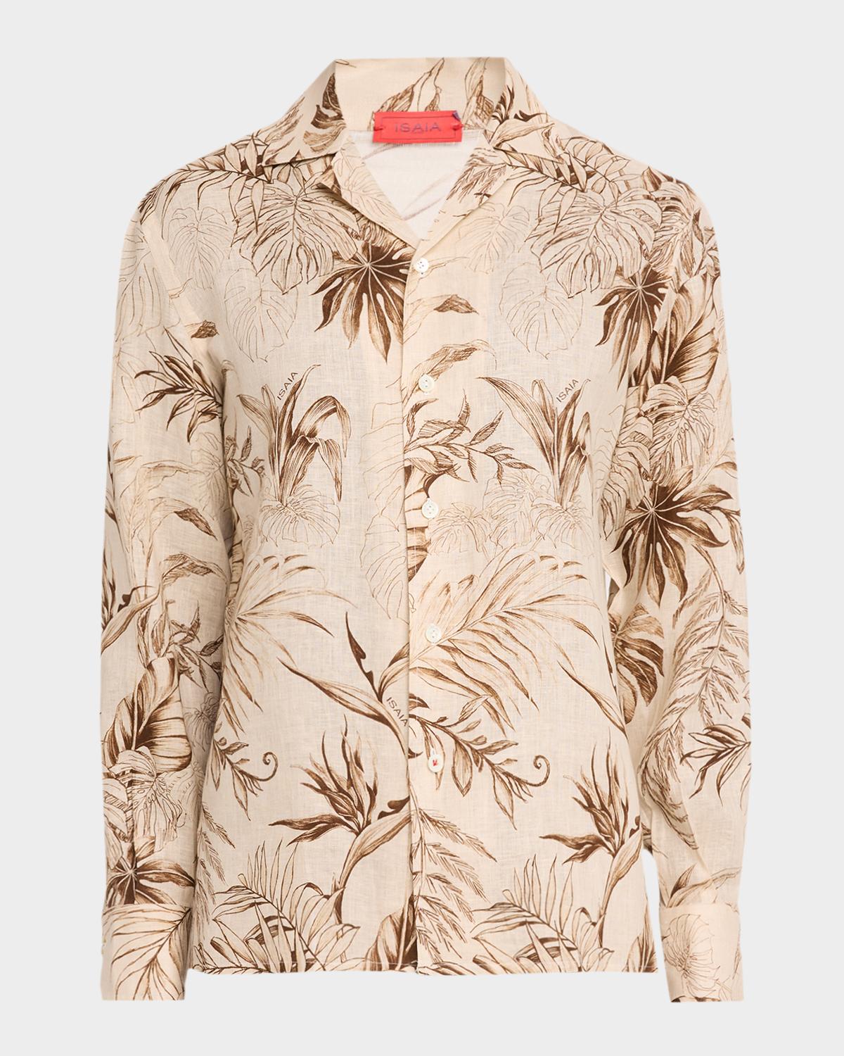 Isaia Men's Palm Print Linen Button-Down Shirt