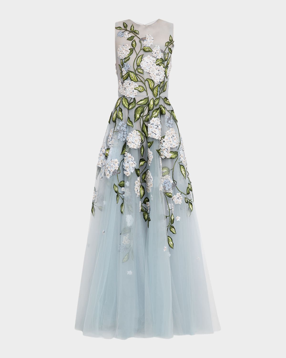 Oscar De La Renta Sleeveless Porcelain Flower Embroidered Tulle Gown In Blue
