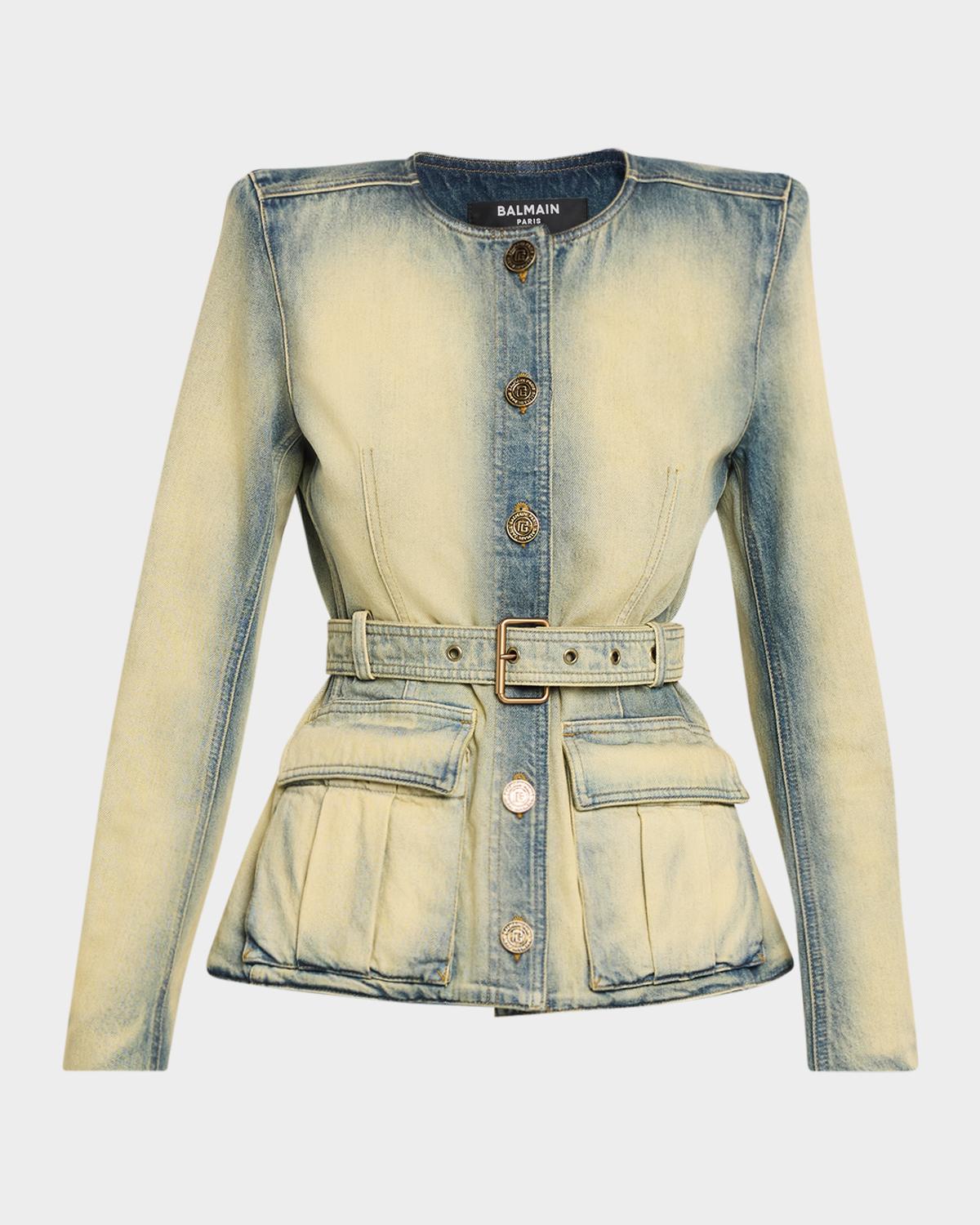 Balmain Button-Down Belted Denim Top