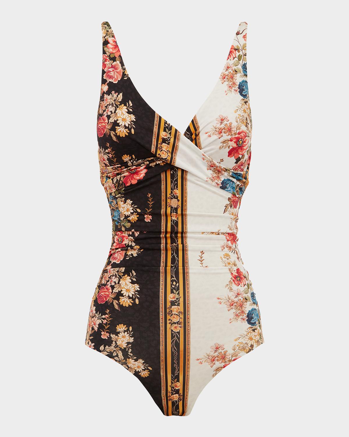 Aqua Blu Australia Eliana Floral Colorblock One-Piece Swimsuit