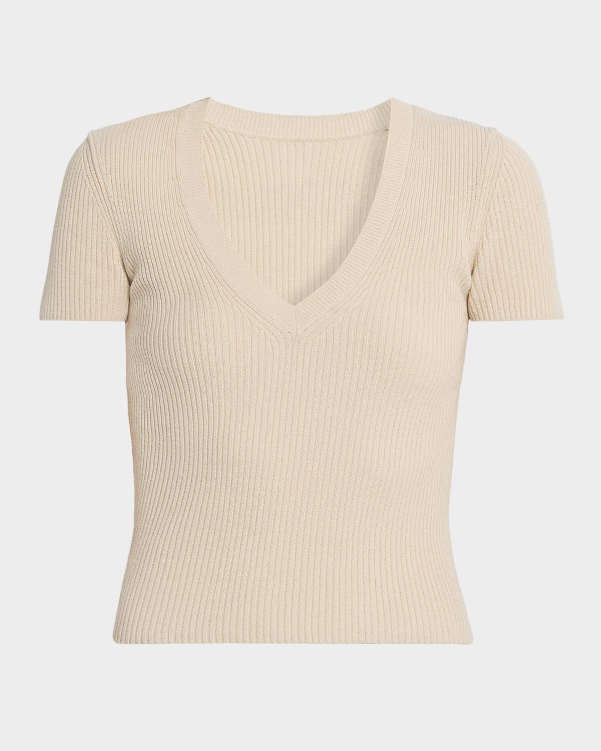 Nili Lotan Italia Cotton-Silk Rib Short-Sleeve V-Neck Sweater