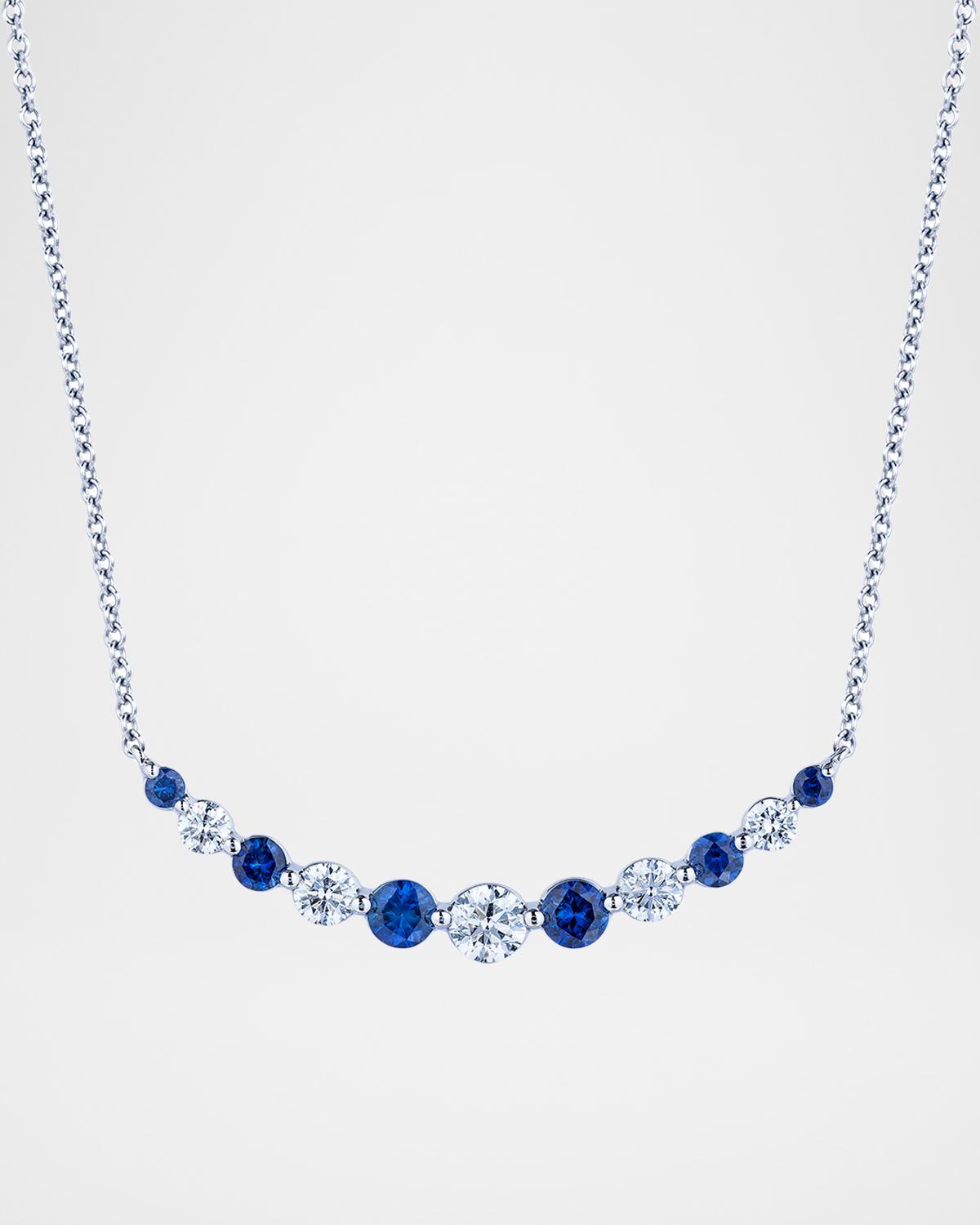 18K White Gold Small Single Prong Smiley Bar Necklace with Diamonds and Sapphires
