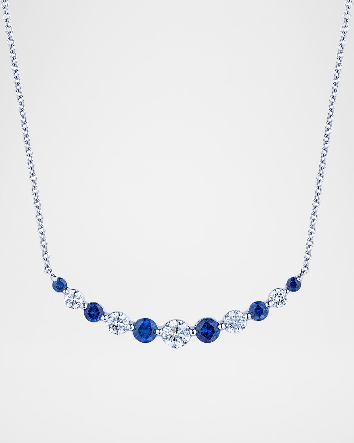 Neiman Marcus Diamonds 18K White Gold Small Single Prong Smiley Bar Necklace with Diamonds and Sapphires