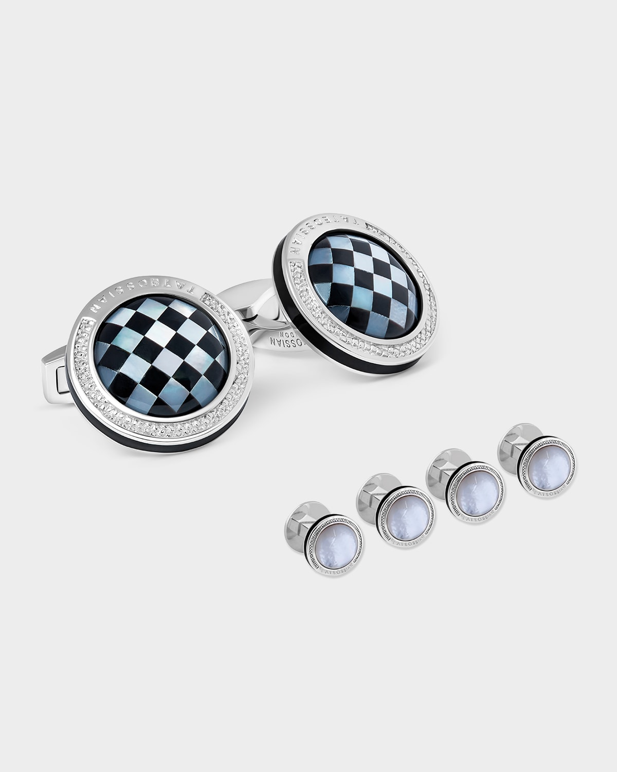 Tateossian Men 's Mosaic Onyx and Mother of Pearl Round Cufflinks and Shirt Stud Set
