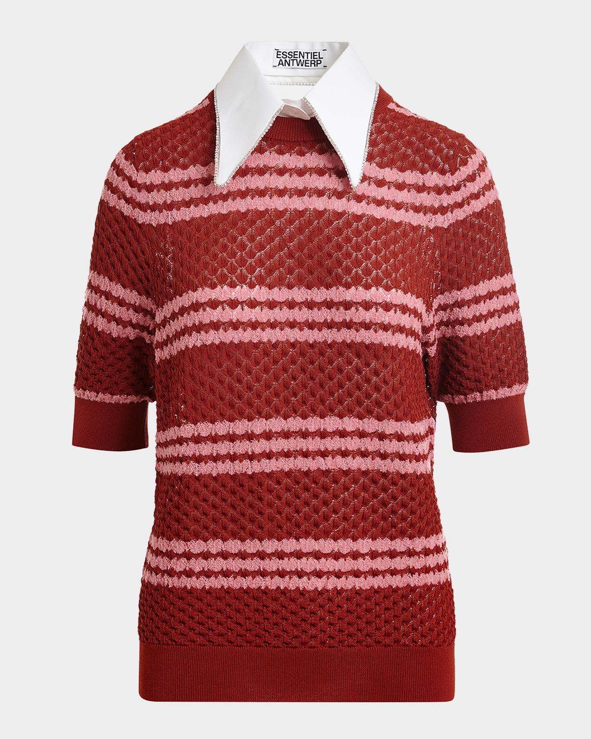 Essentiel Antwerp Jantasy Striped Honeycomb Knit Embellished Collar Polo