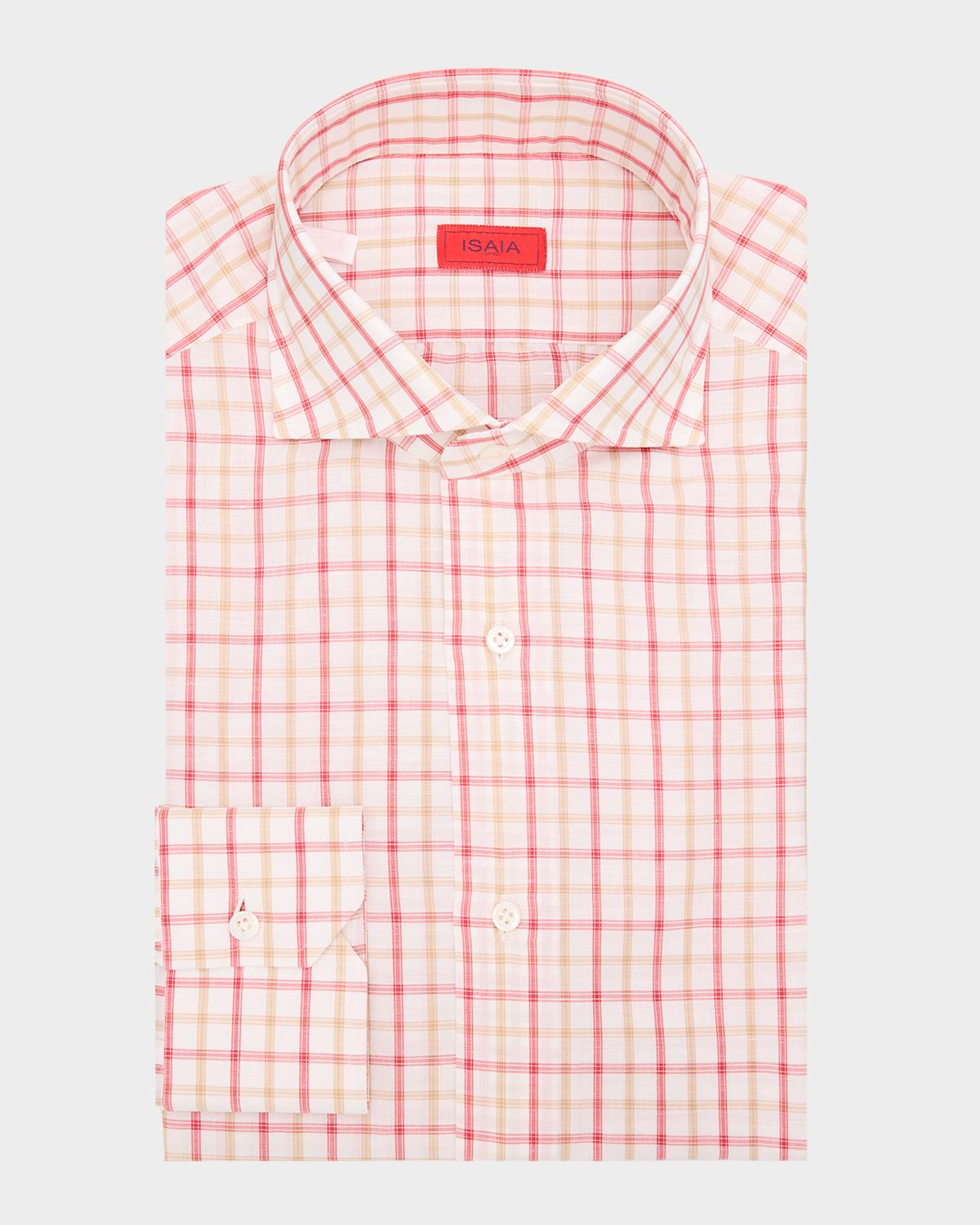 Isaia Men's Bicolor Plaid Cotton and Linen Dress Shirt