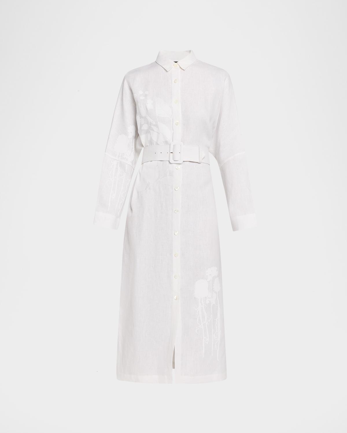 Libertine White On White Hand Silk Screen Belted Linen Shirtdress