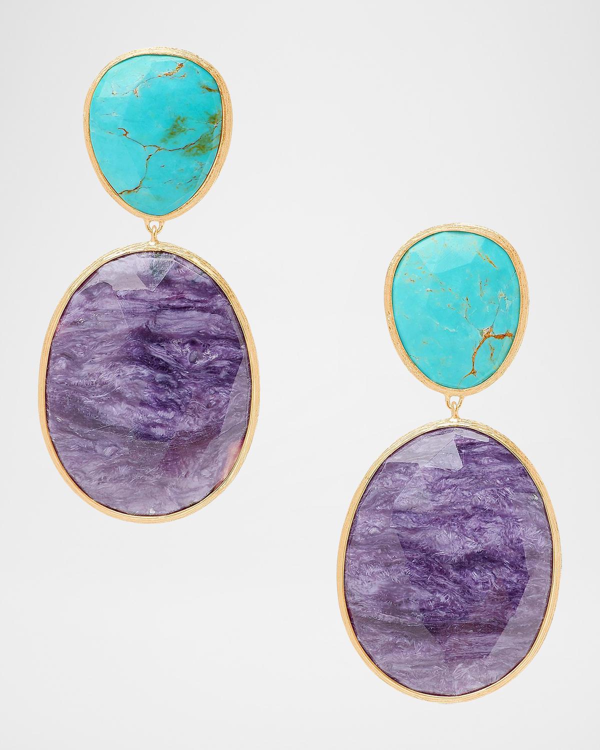 Lunaria Color 18K Yellow Gold, Charoite & Turquoise Double Drop Earrings
