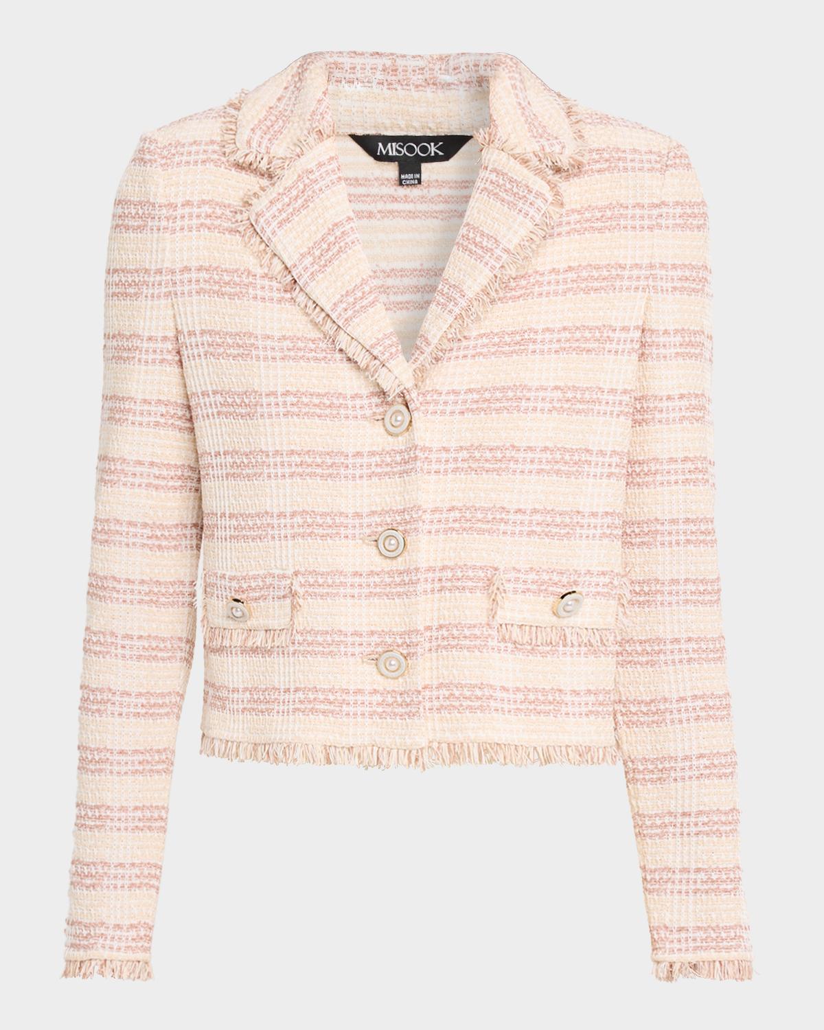 Misook Striped Fringe-Trim Knit Crop Jacket