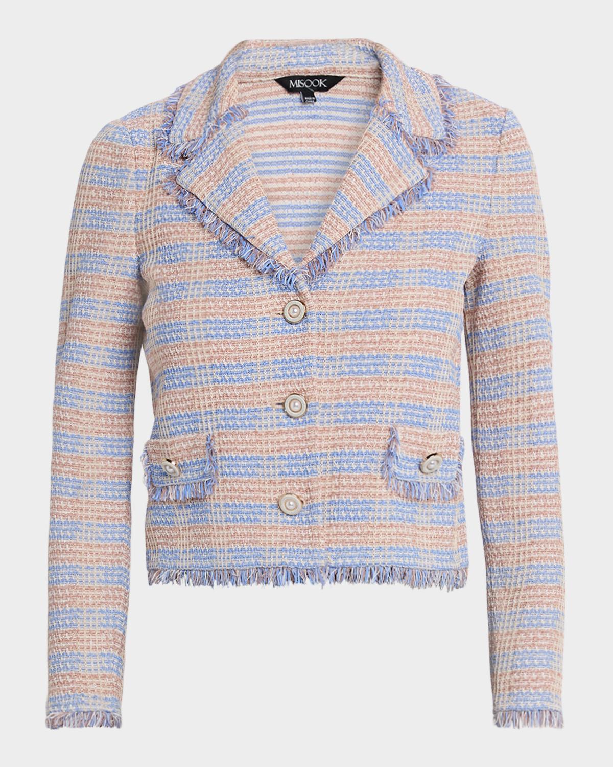 Misook Striped Fringe-Trim Knit Crop Jacket