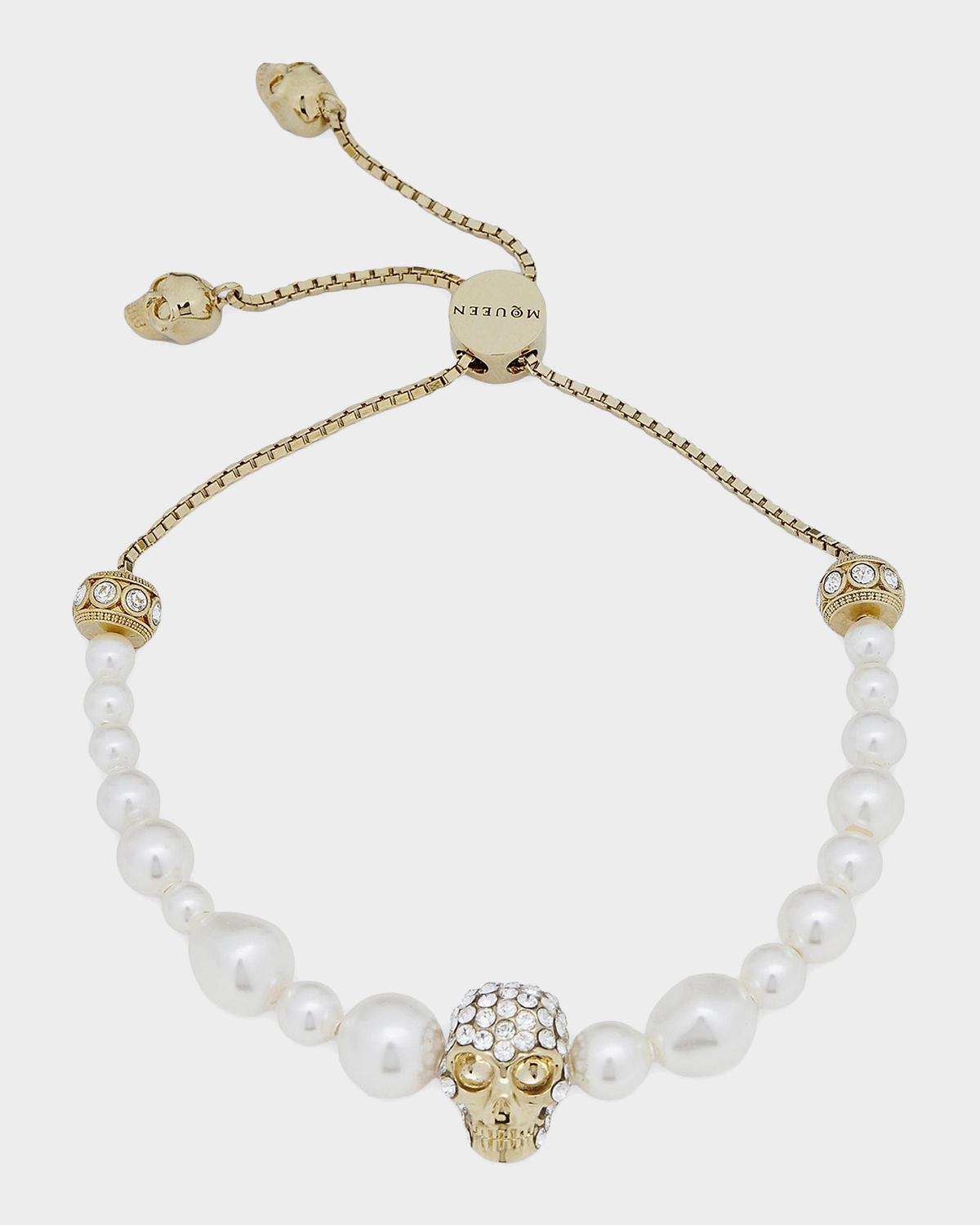 Goldtone, Imitation Pearl &amp; Glass Crystal Skull Charm Bracelet