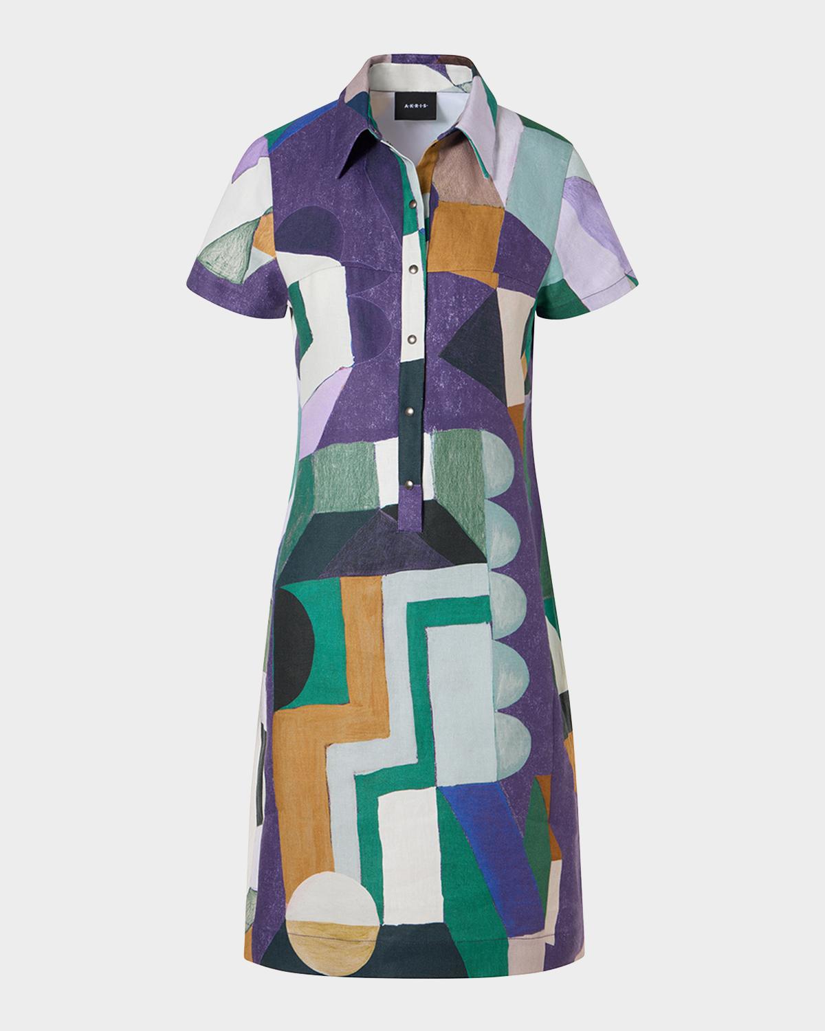 Akris Abstract-Print Linen Short-Sleeve Polo Dress