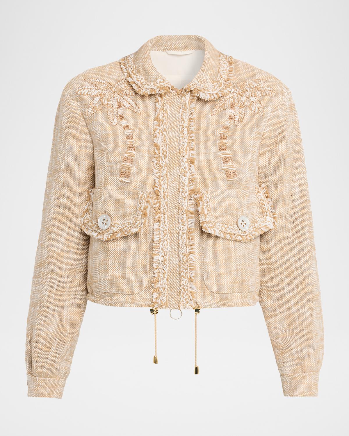 Maison Common Embroidered Cotton Tweed Drawstring Bomber Jacket