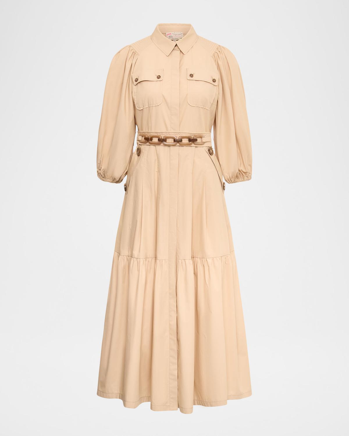 Maison Common Cotton Puff-Sleeve Belted Midi Shirtdress