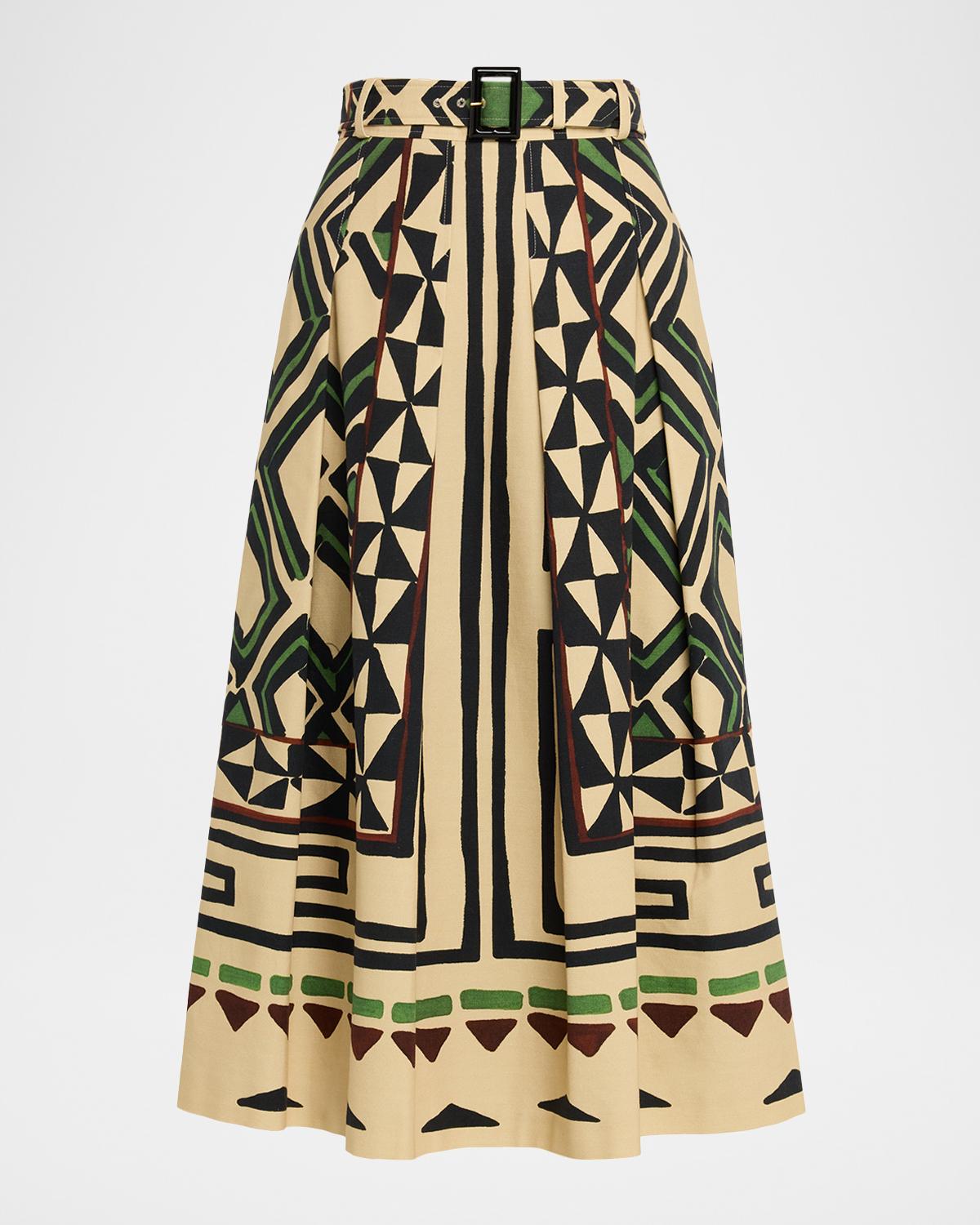 Maison Common Abstract Cotton Canvas Midi Skirt With Belt