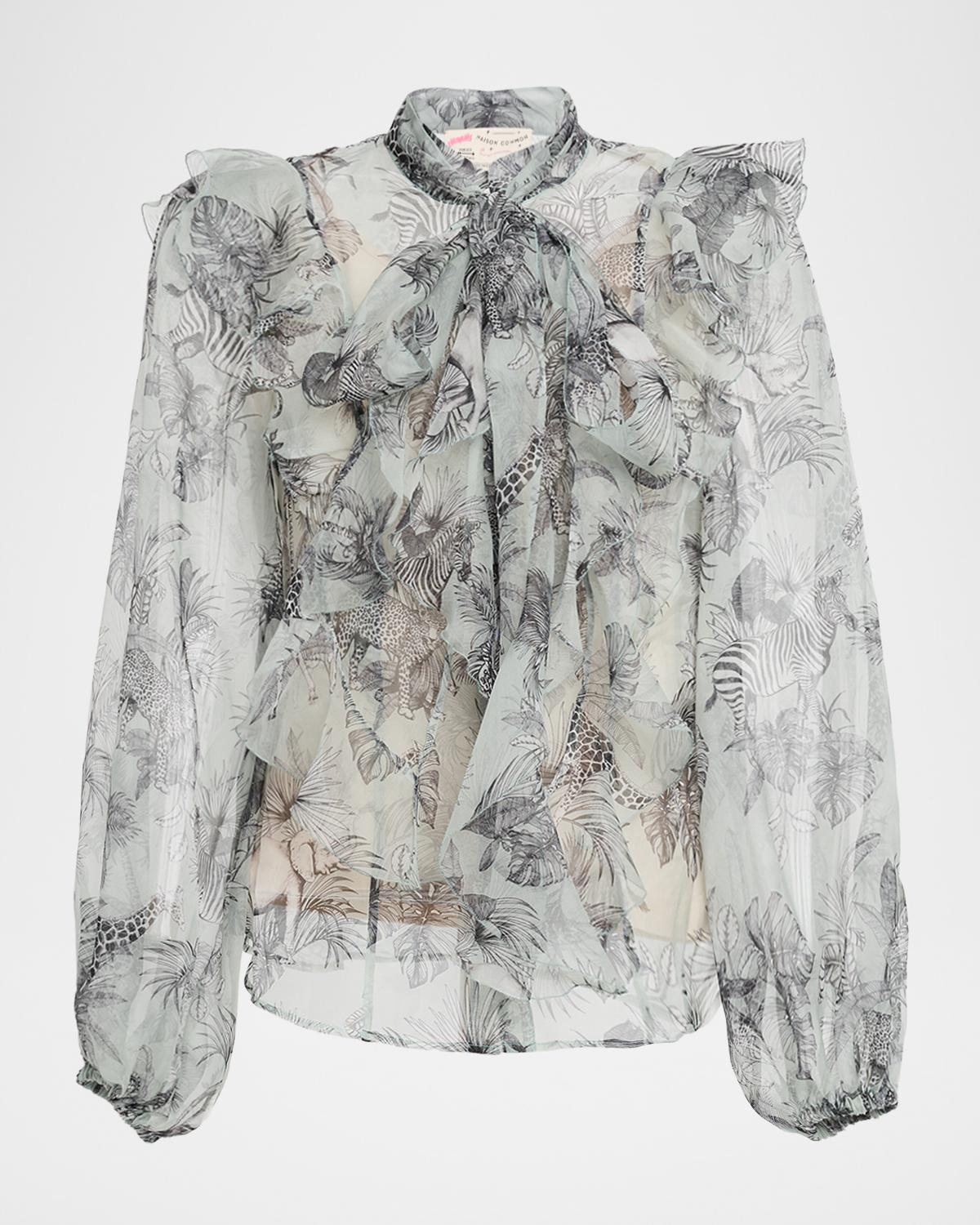 Maison Common African-Print Silk Chiffon Neck Scarf Blouse