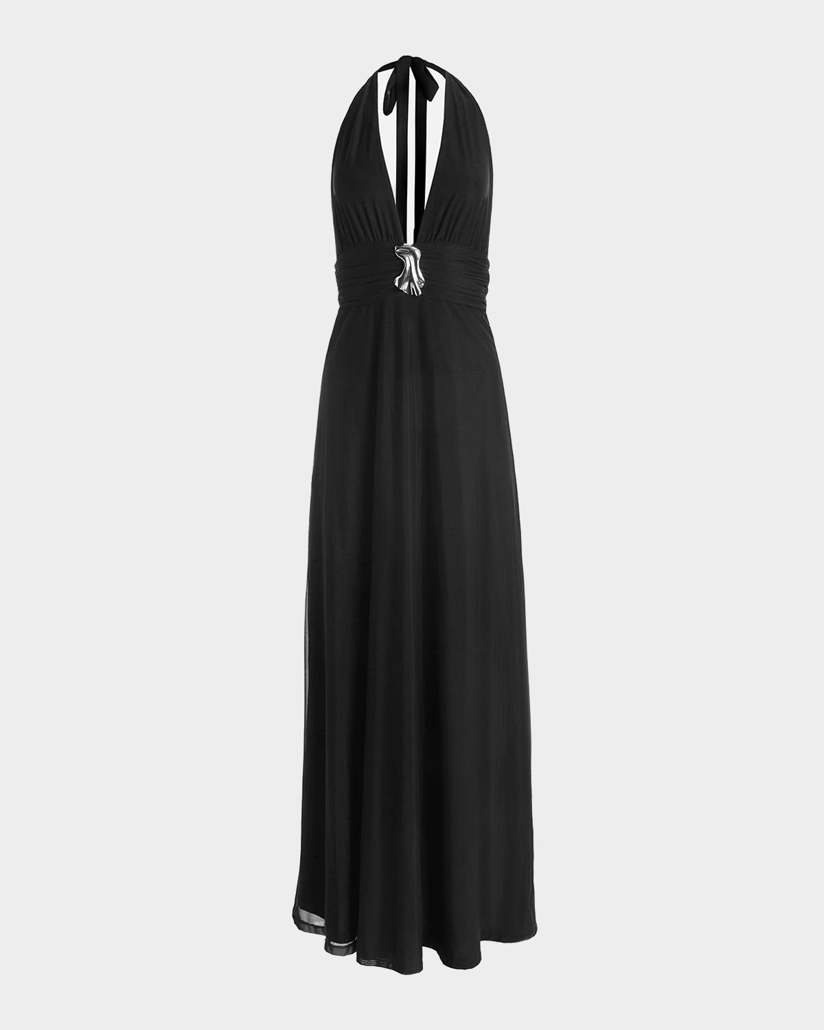 Kate Barton Backless Embellished Plunge Halter Gown