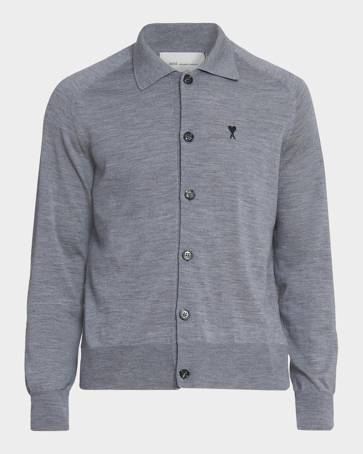 Ami Paris Men's Embroidered-Logo Wool Knit Cardigan