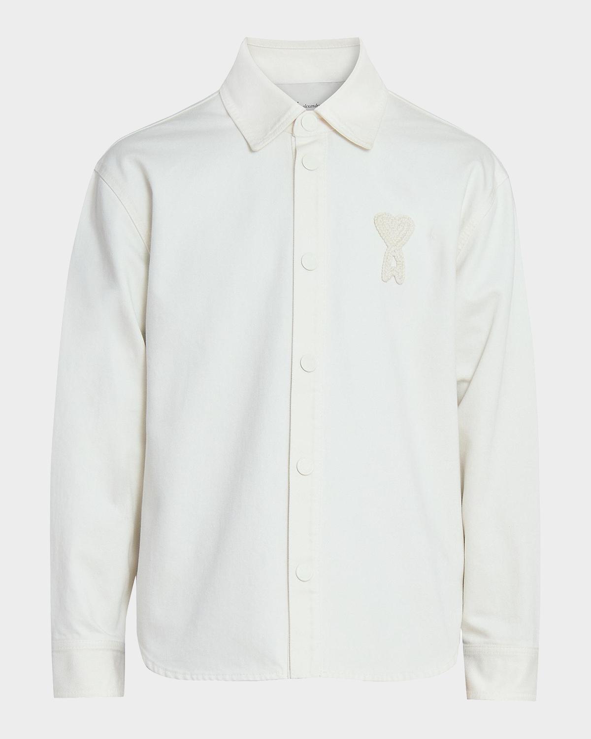 Ami Paris Men's Crochet Ami De Coeur White Denim Overshirt