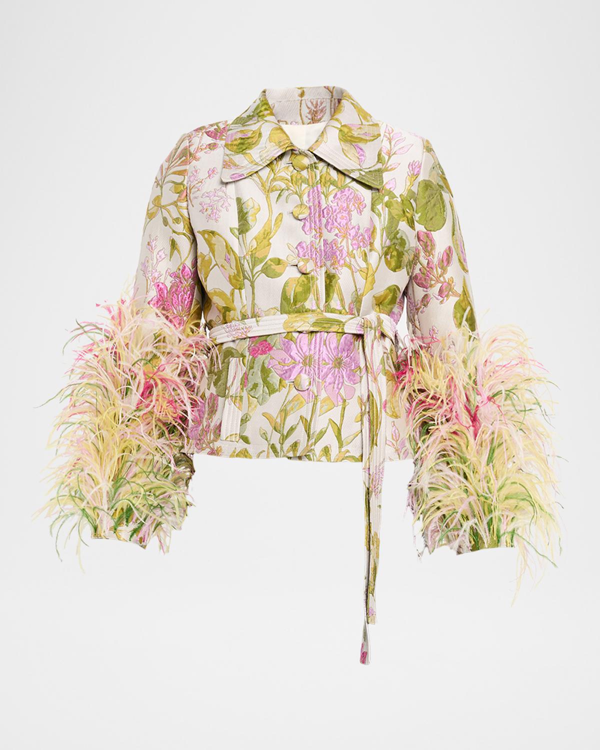 Libertine Dianthus Jacquard Feather-Trim Single-Breasted Jacket