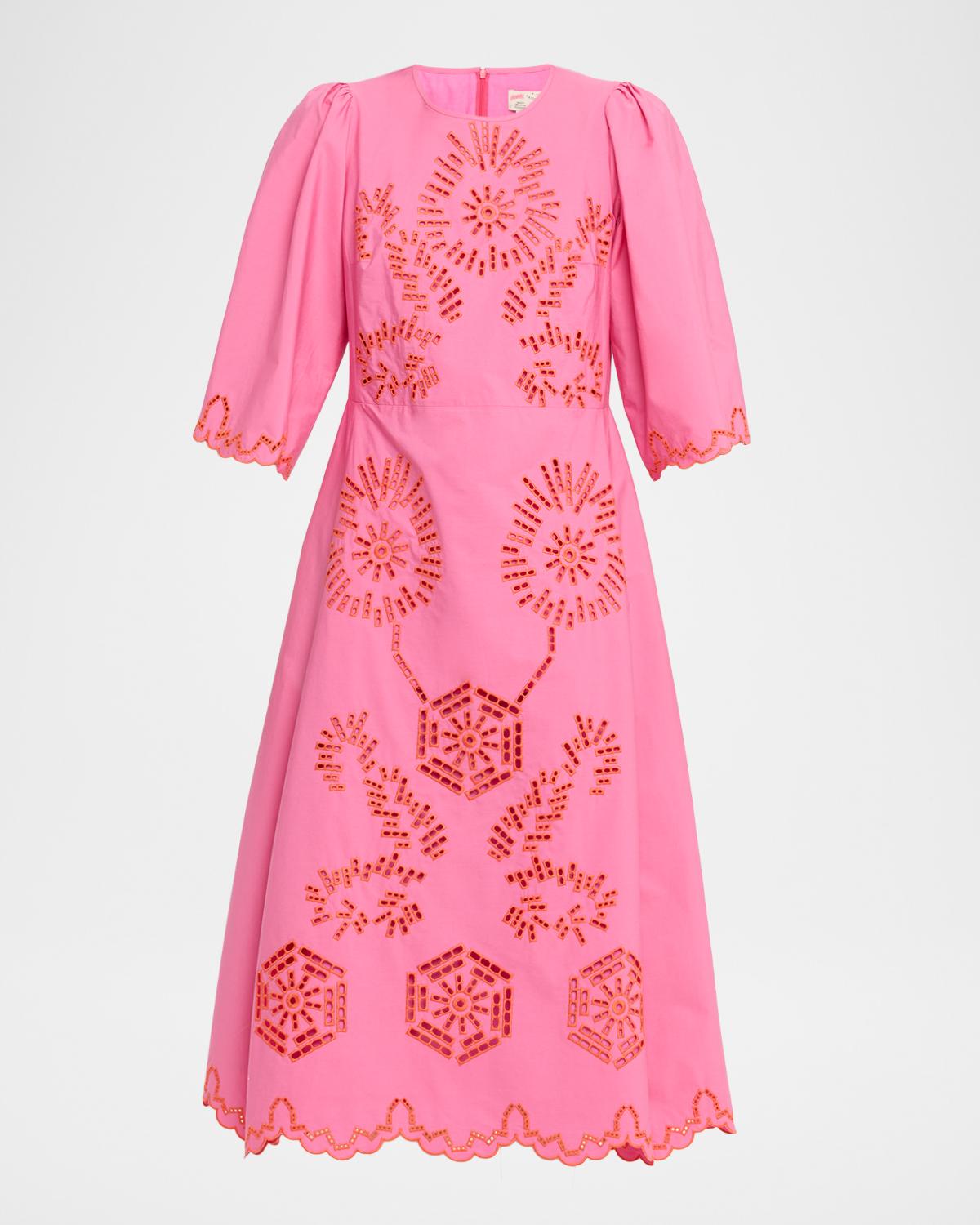 Maison Common Eyelet Embroidered Cotton 3/4-Sleeve Midi Dress