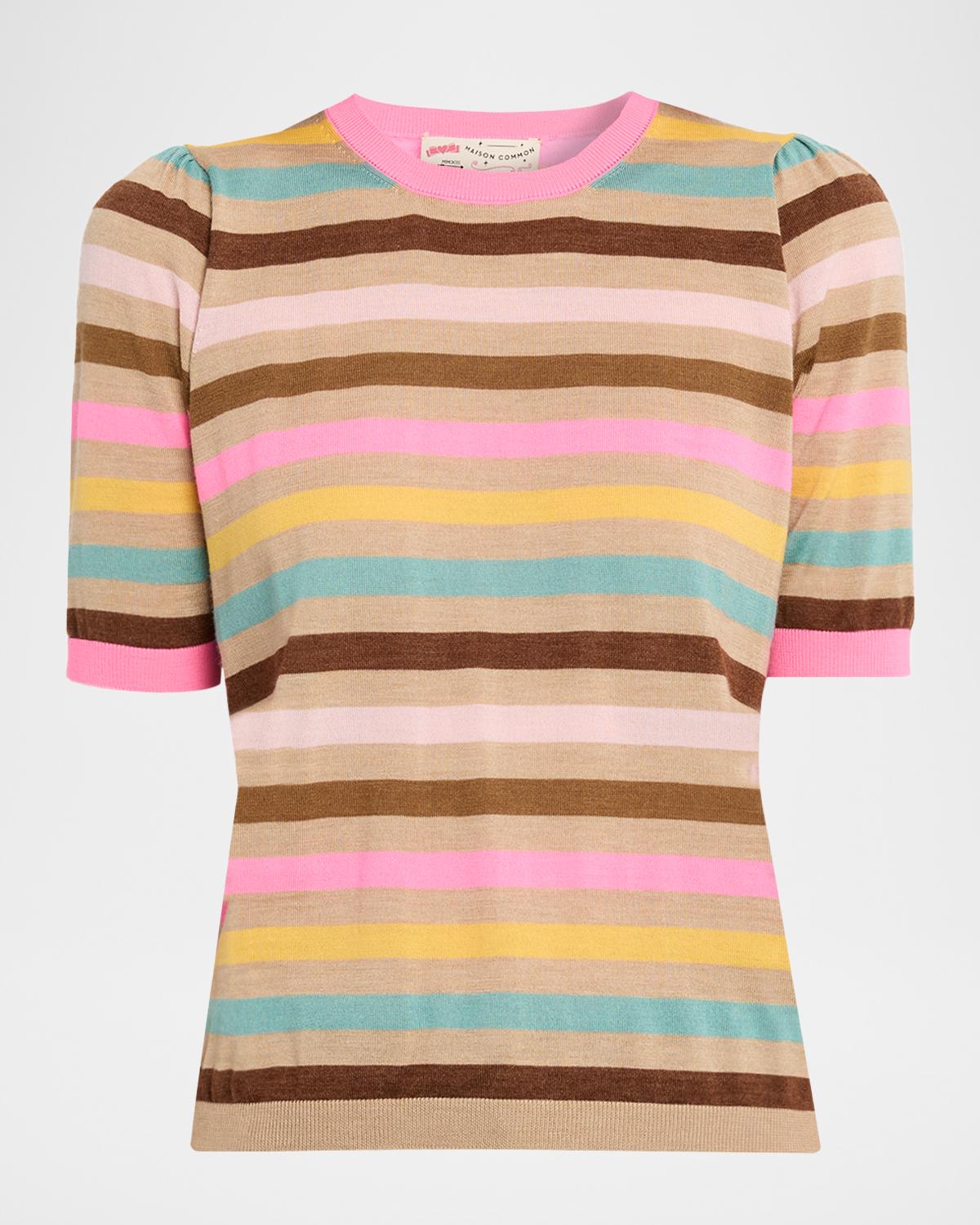 Maison Common Striped Cashmere-Wool Short-Sleeve Sweater