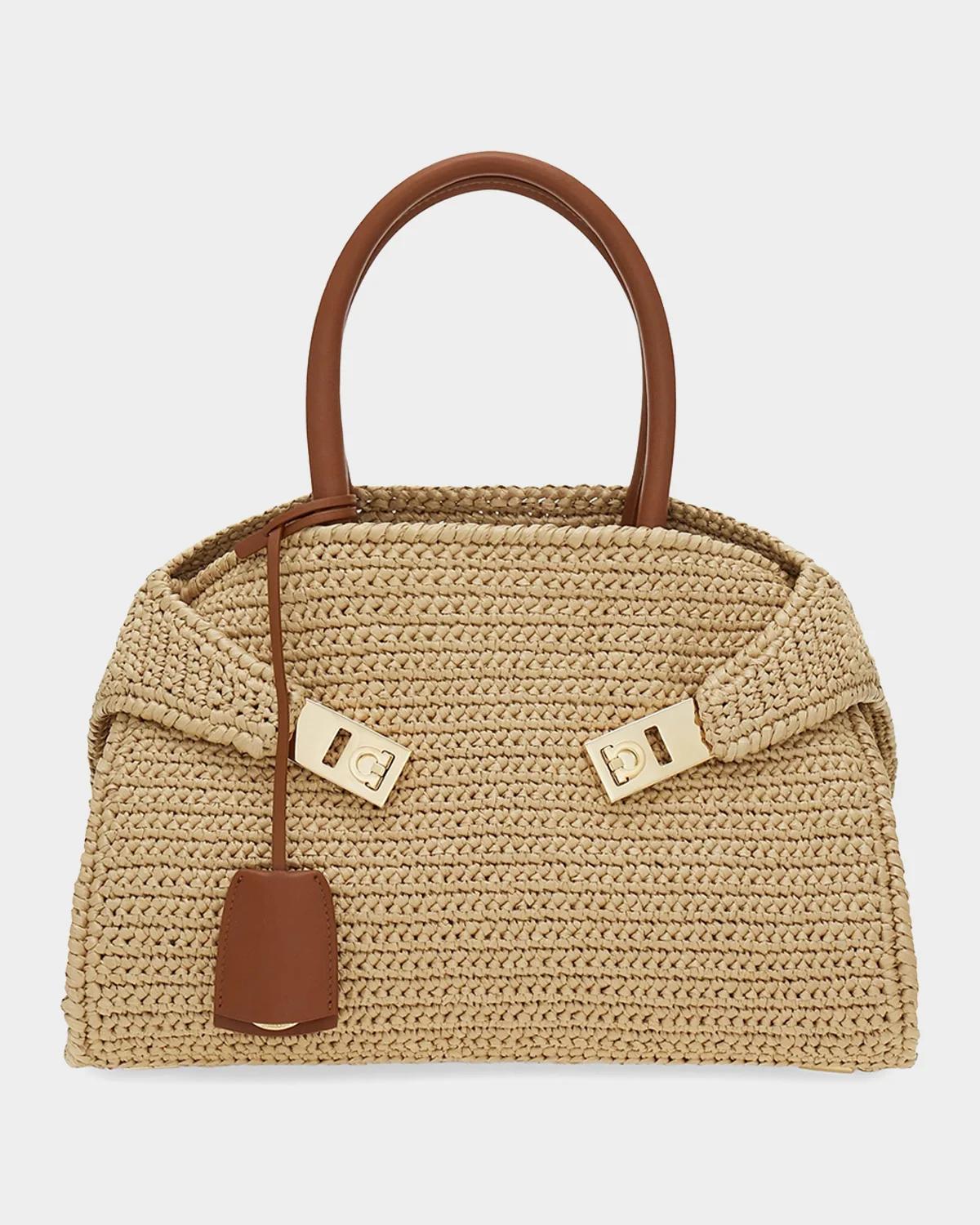 Hug Medium Gancini Raffia Top Handle Bag
