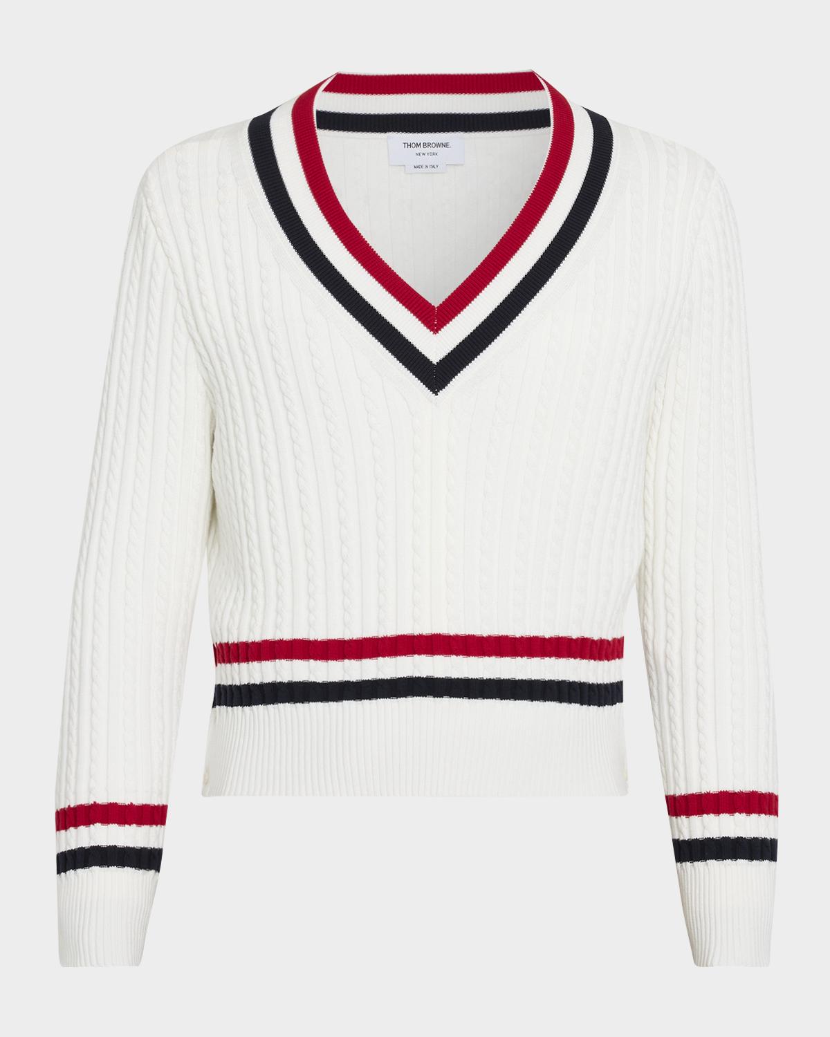 Thom Browne Men's Cotton Cable Knit Stripe-Trim V-Neck Sweater